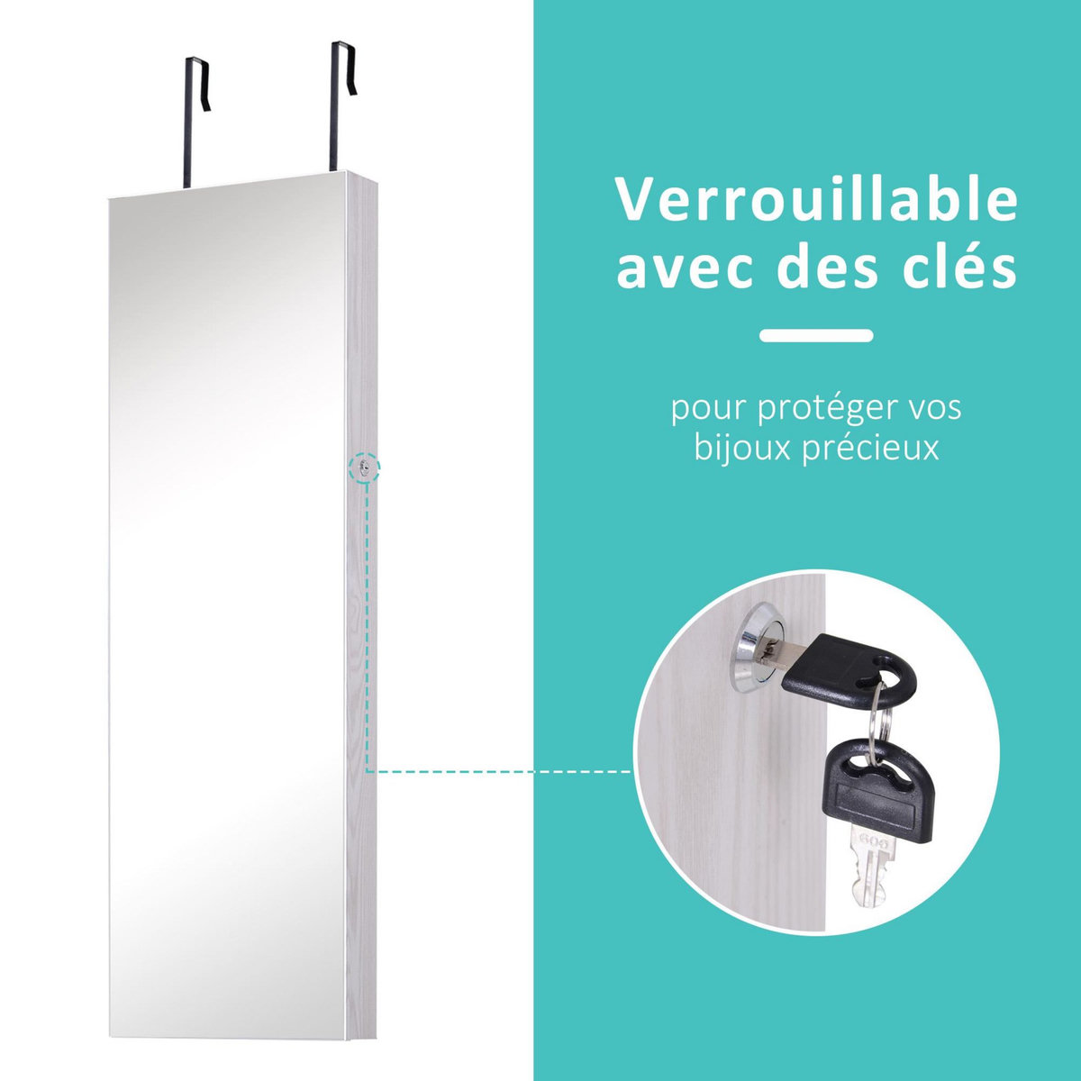 HOMCOM Armoire à bijoux miroir à suspendre 2 en 1 - éclairage LED intérieur, verrouillable, multi-rangement - blanc