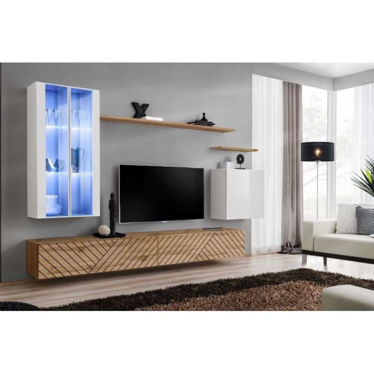 Paris Prix Ensemble Meuble TV  Switch Lamel XII  270cm Naturel & Blanc