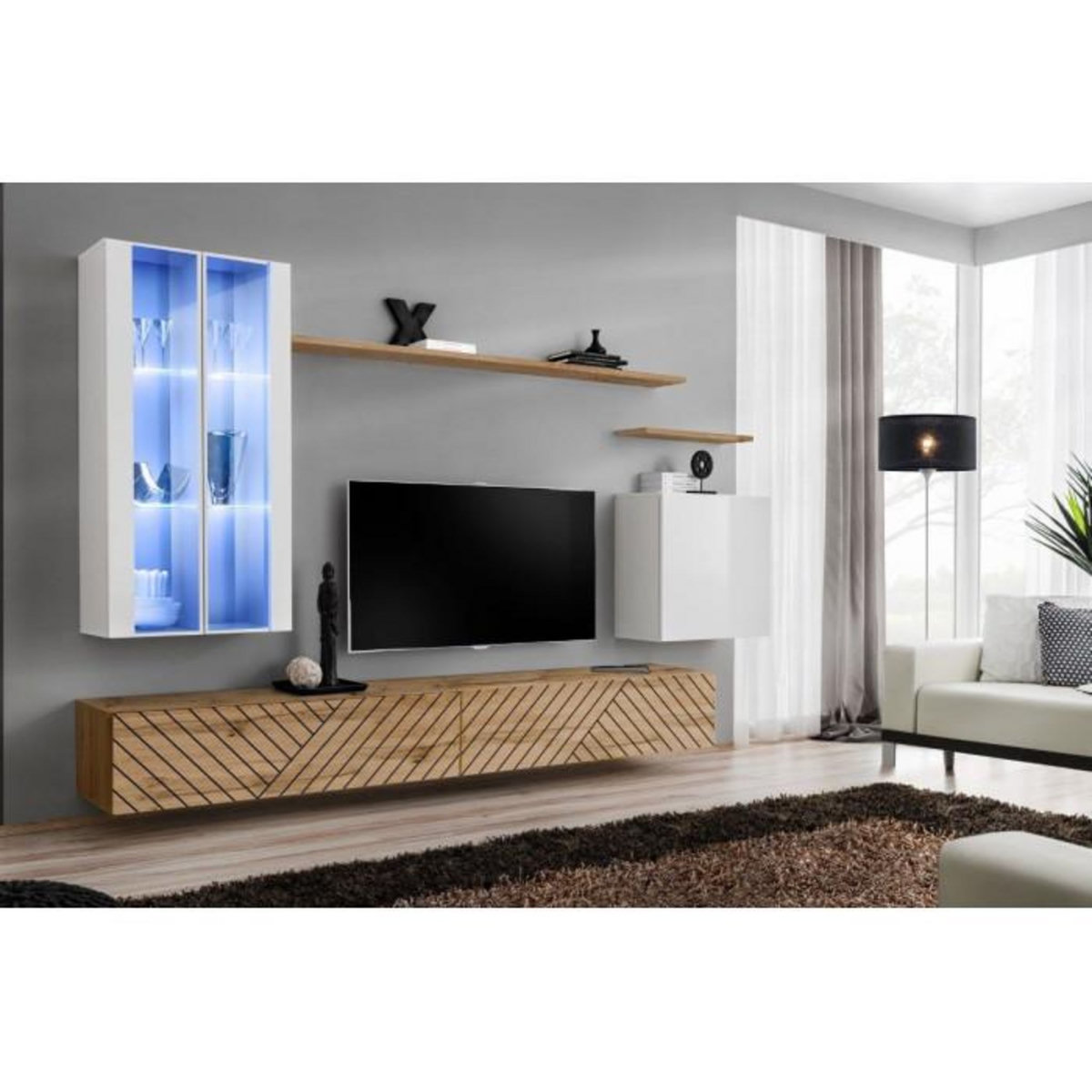 Paris Prix Ensemble Meuble TV  Switch Lamel XII  270cm Naturel & Blanc
