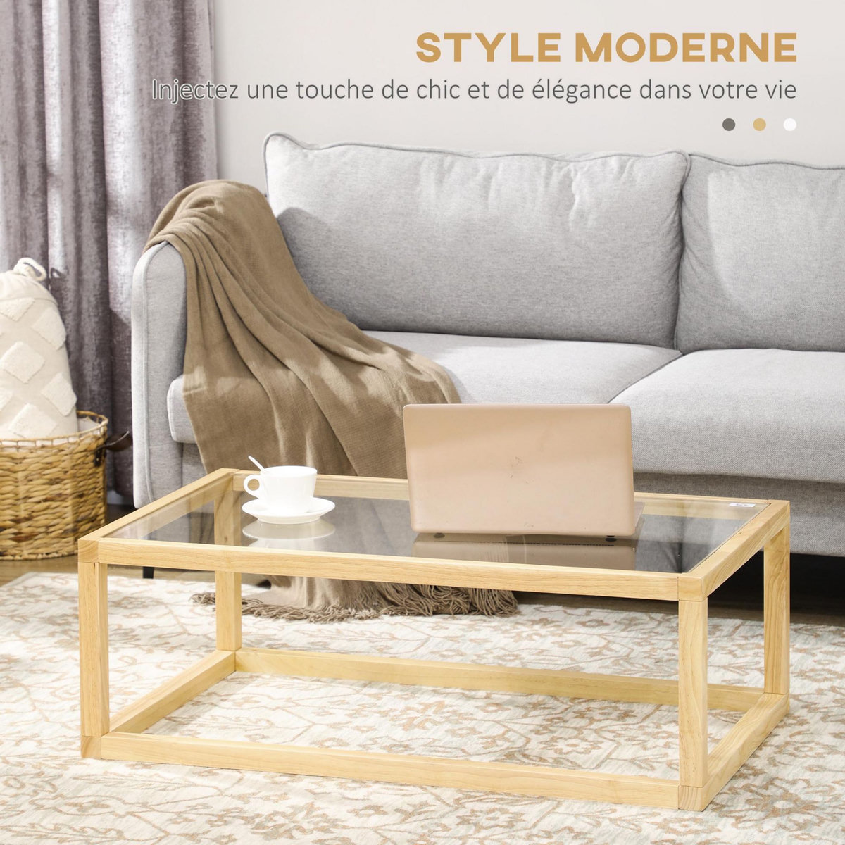 HOMCOM Table basse design contemporain plateau verre trempé structure piètement bois d'hévéa