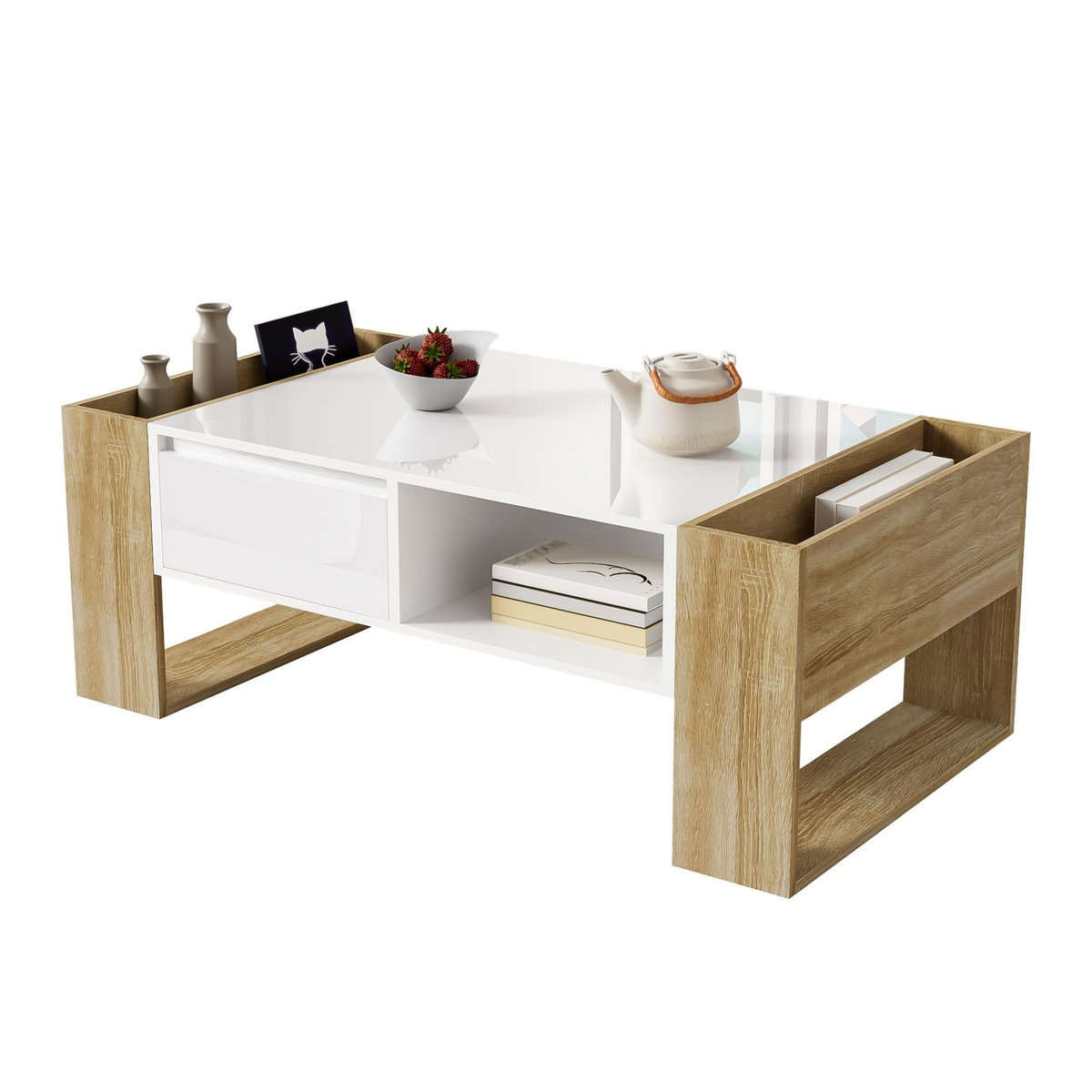 MERAX Table Basse Avec 1 Tiroir Et 1 Nich Imitation Chêne + Blanc