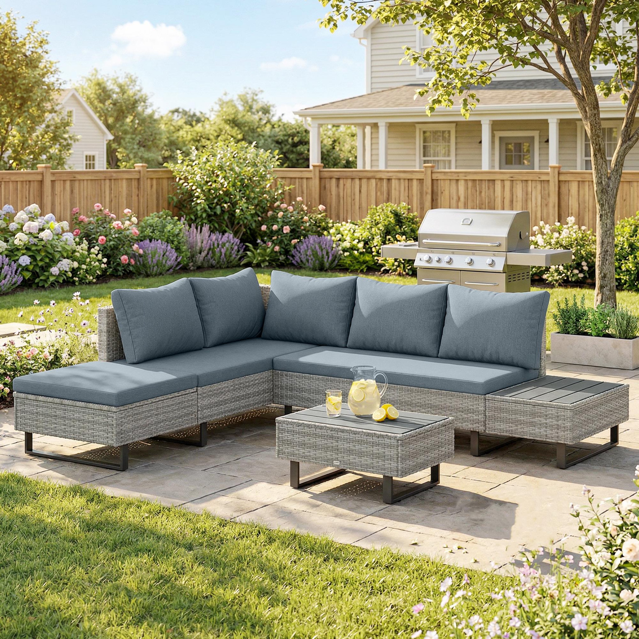 Voir la diapositive 6 : OUTSUNNY Salon de jardin d'angle 5 places méridienne relevable bout canapé table