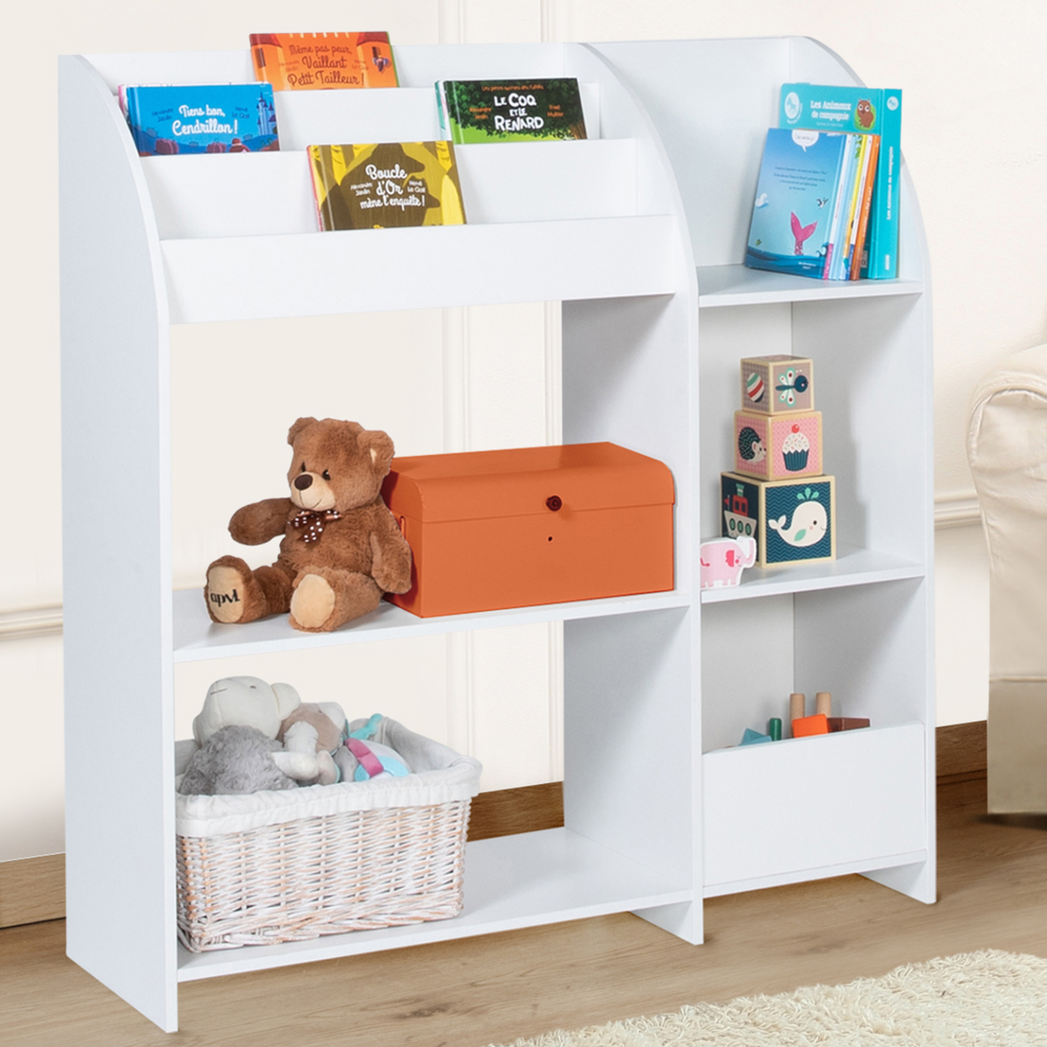 Voir la diapositive 2 : ID MARKET Meuble de rangement emma étagère jouets et bibliothèque enfant en bois blanc