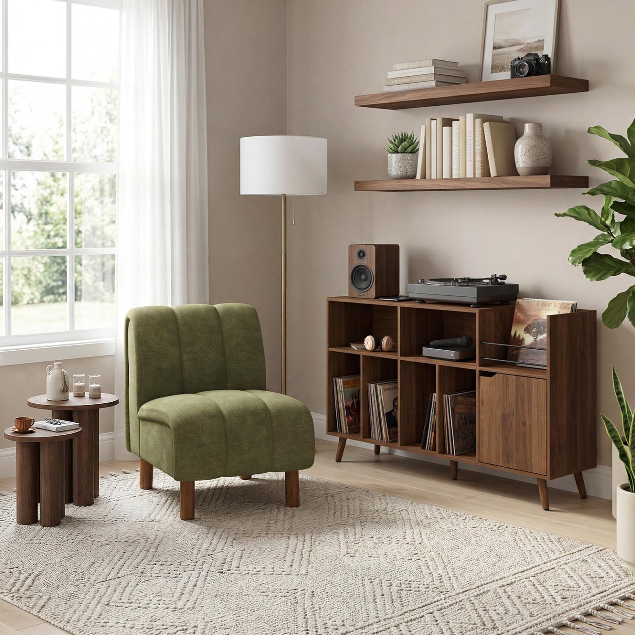 Voir la diapositive 6 : ID MARKET Meuble d'appoint, buffet de rangement avec étagères, supports vinyles, platine et placard 130 cm SIENNA vintage effet noyer