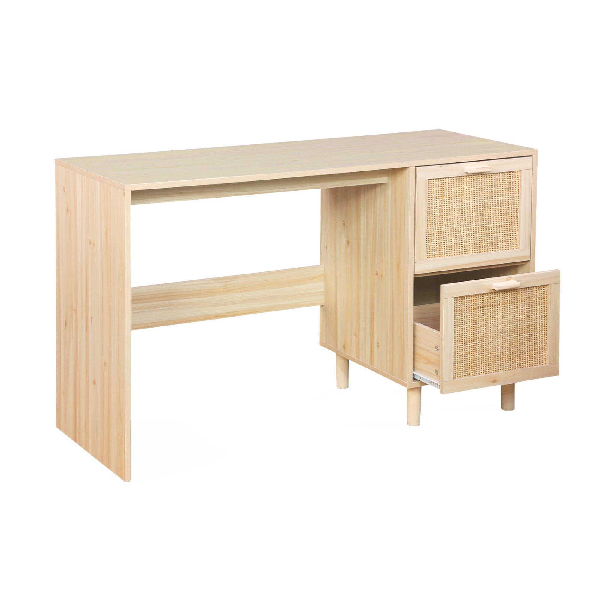 Voir la diapositive 6 : SWEEEK Bureau décor bois et cannage - Camargue - 120cm. 2 tiroirs