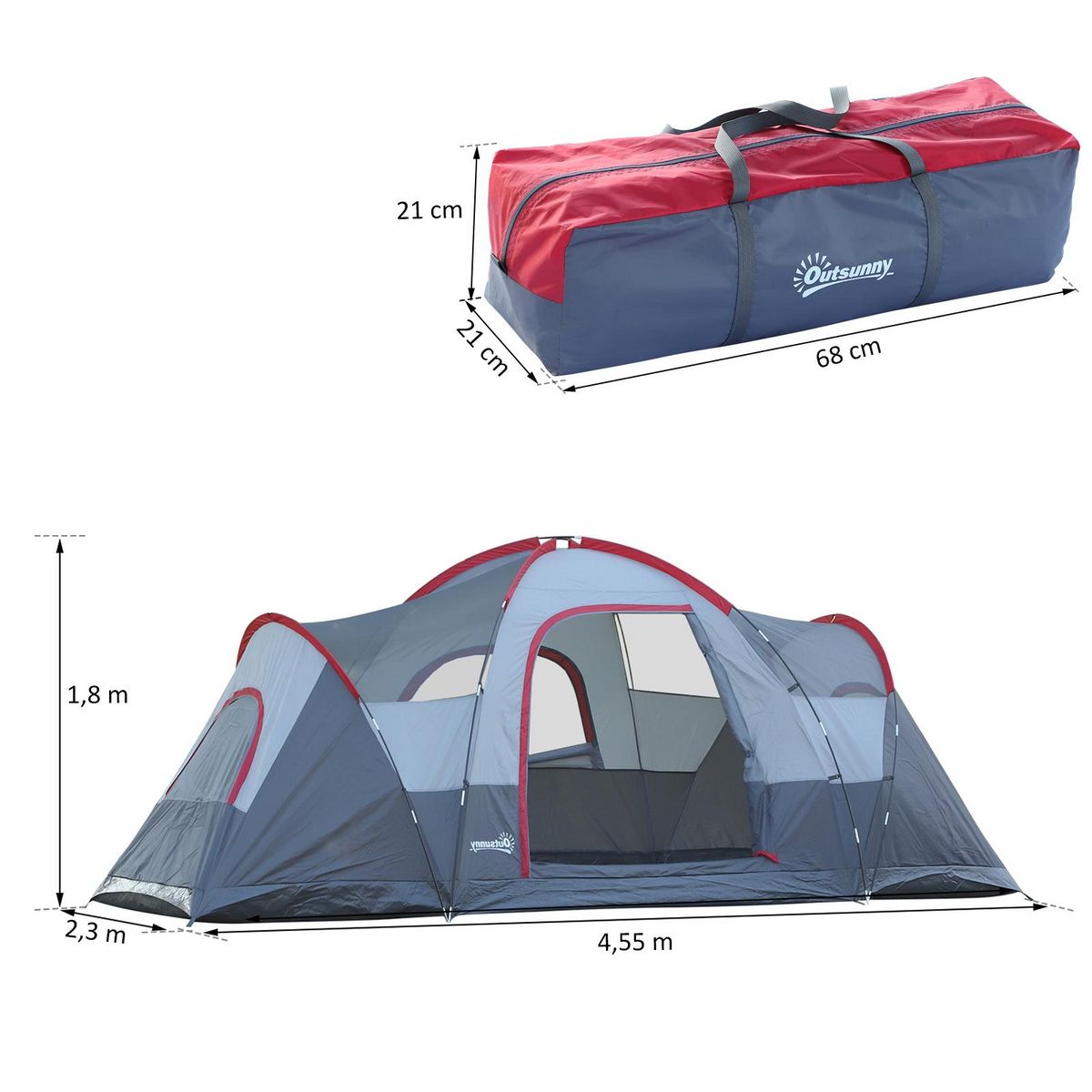 OUTSUNNY Tente de camping familiale 5-6 pers. - grande porte + 3 fenêtres - dim. 4,55L x 2,3l x 1,8H m fibre verre polyester oxford gris
