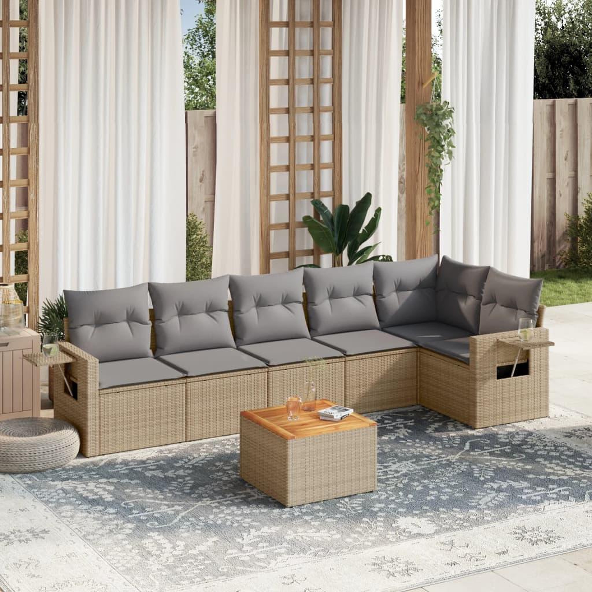 VIDAXL Salon de jardin avec coussins 7pcs melange beige resine tressee