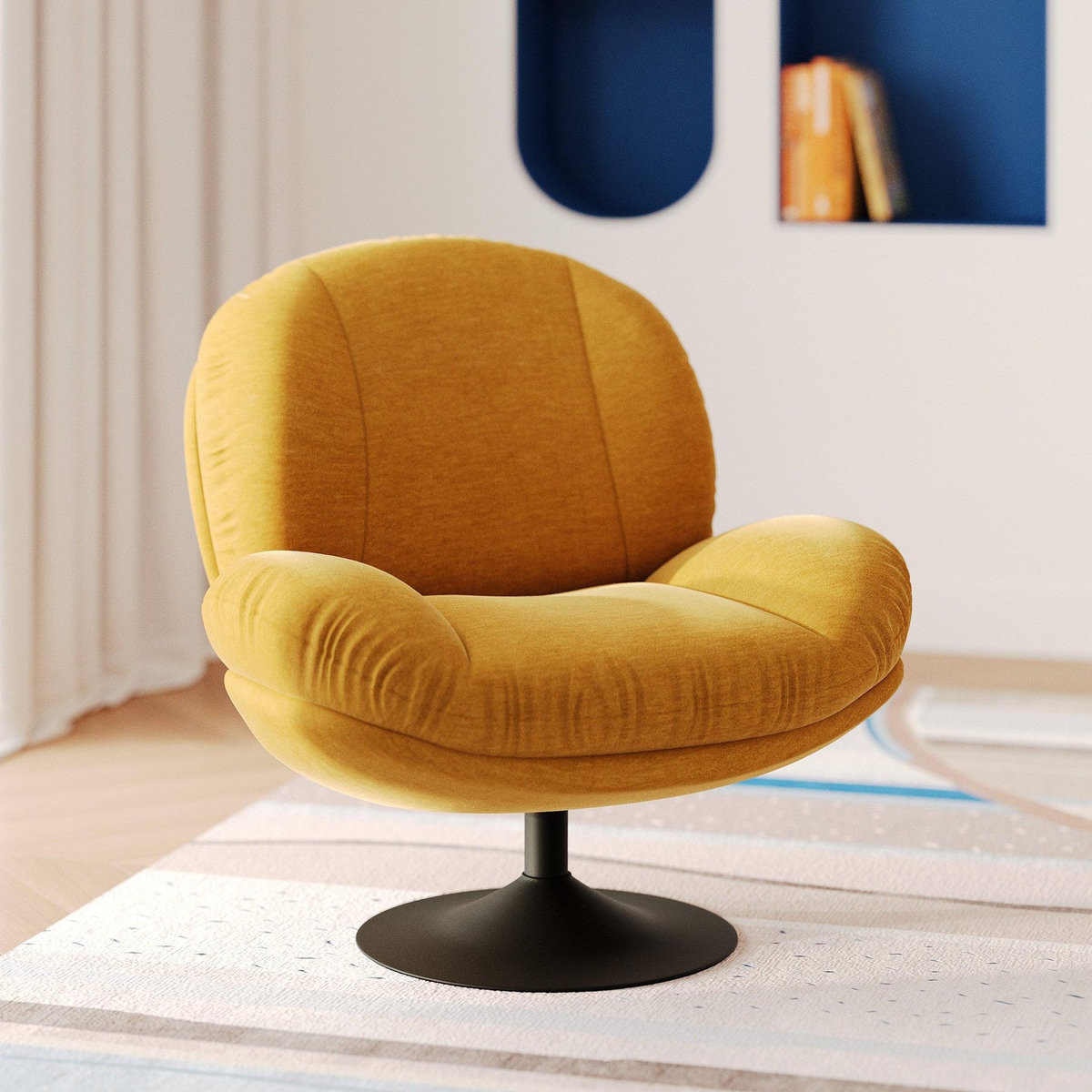 Rendez vous déco Fauteuil pivotant en tissu effet velours jaune moutarde-Ricci