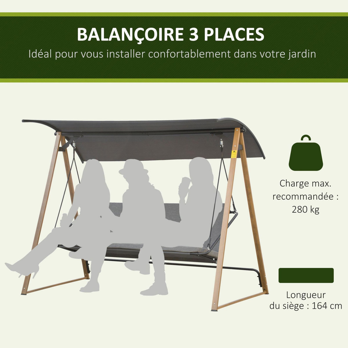 OUTSUNNY Balancelle de jardin 3 places design contemporain auvent réglable textilène polyester gris acier aspect bois