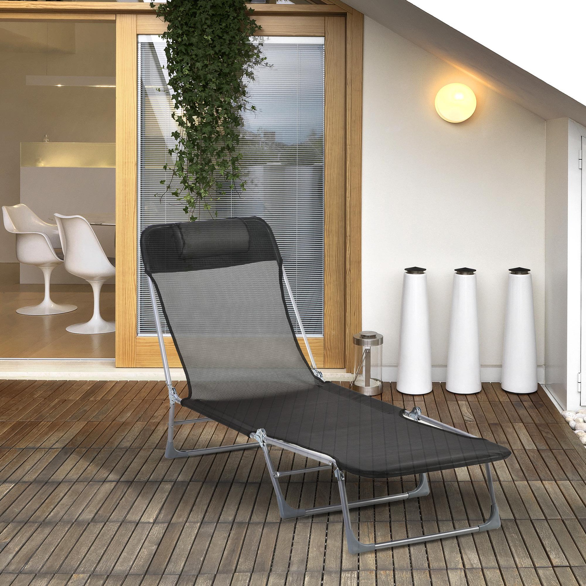 Voir la diapositive 2 : OUTSUNNY Bain de soleil transat pliable dossier réglable 5 positions acier teslin noir