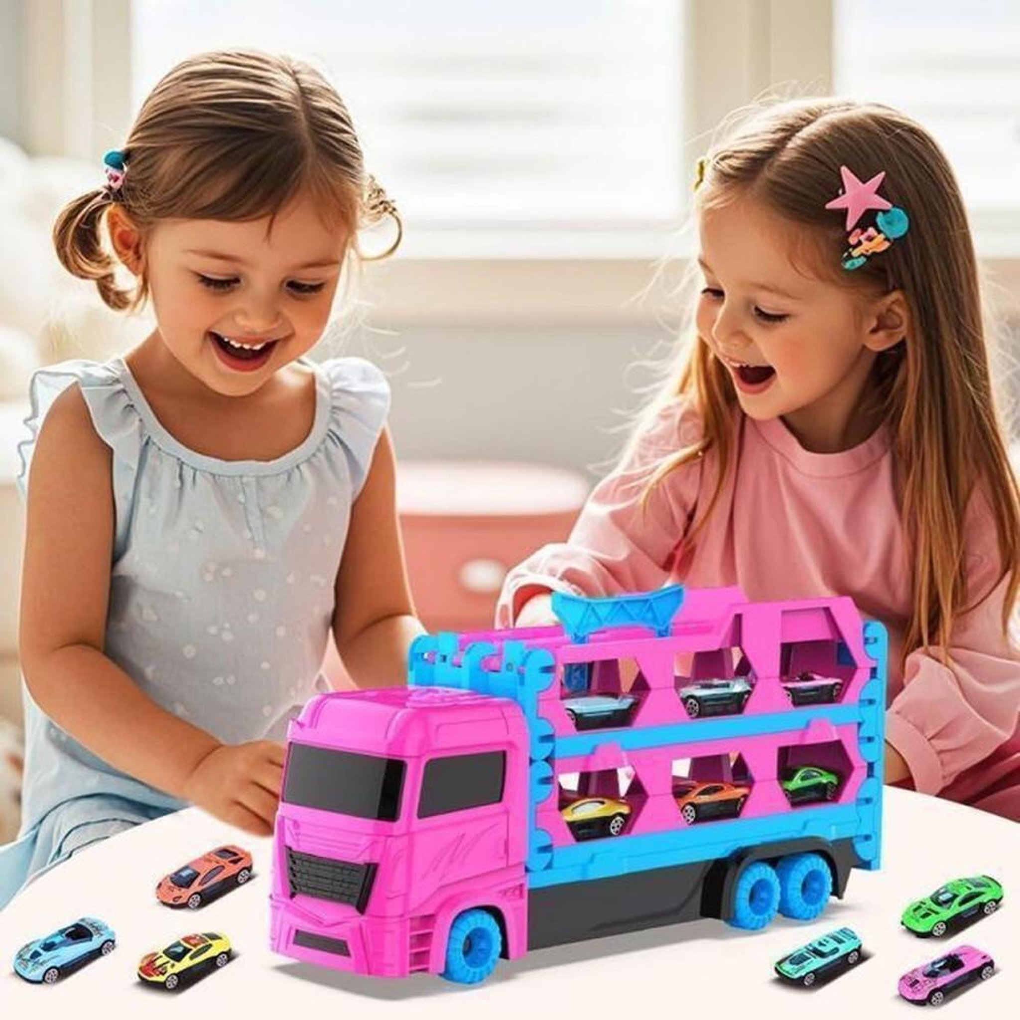 Voir la diapositive 5 : Camion transporteur de voitures enfant avec piste et 6 mini voitures, jeu sans piles à retour automatique, couleurs rose et bleu, poignée de transport, dès 3 ans