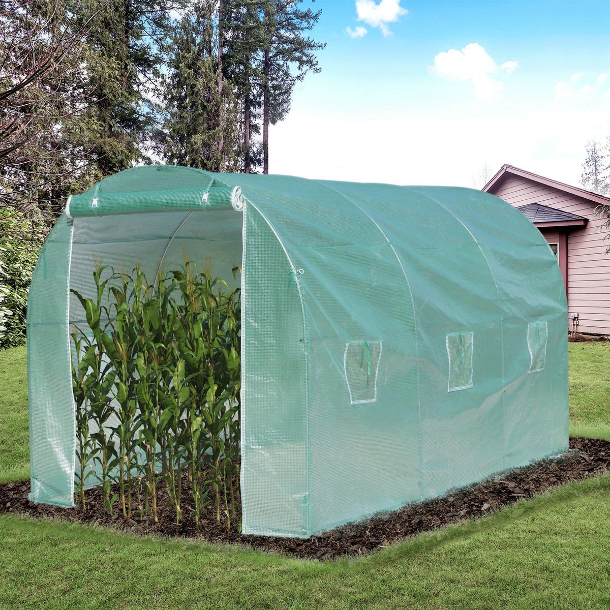 OUTSUNNY Serre de jardin tunnel surface sol 8 m² 4L x 2l x 2,10H m châssis tubulaire renforcé porte zippée 6 fenêtres enroulables vert