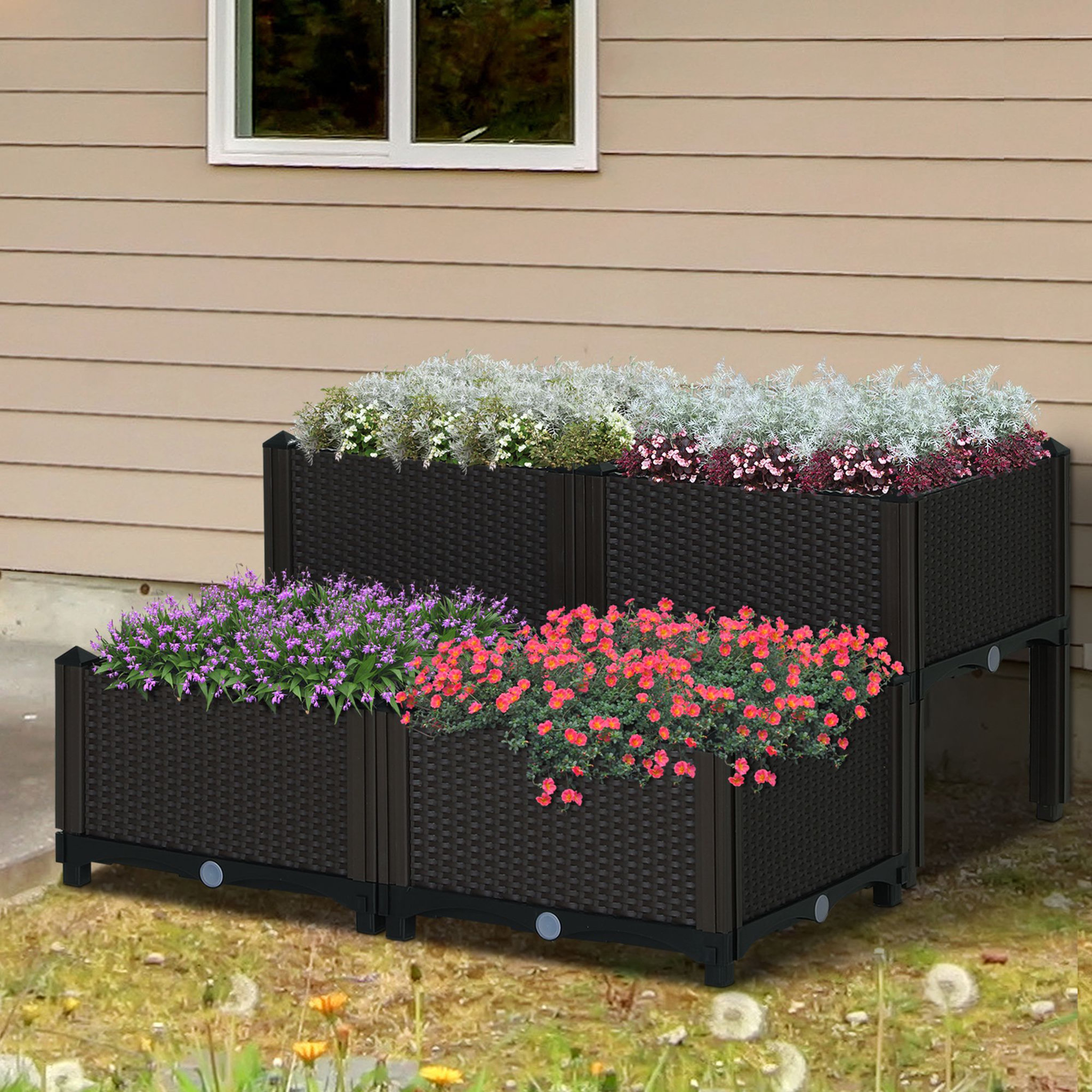 Voir la diapositive 2 : OUTSUNNY Jardinière sur pieds carré potager 2 étages dim. 80L x 80l x 44H cm insert d'irrigation plastique imitation rotin tressé chocolat