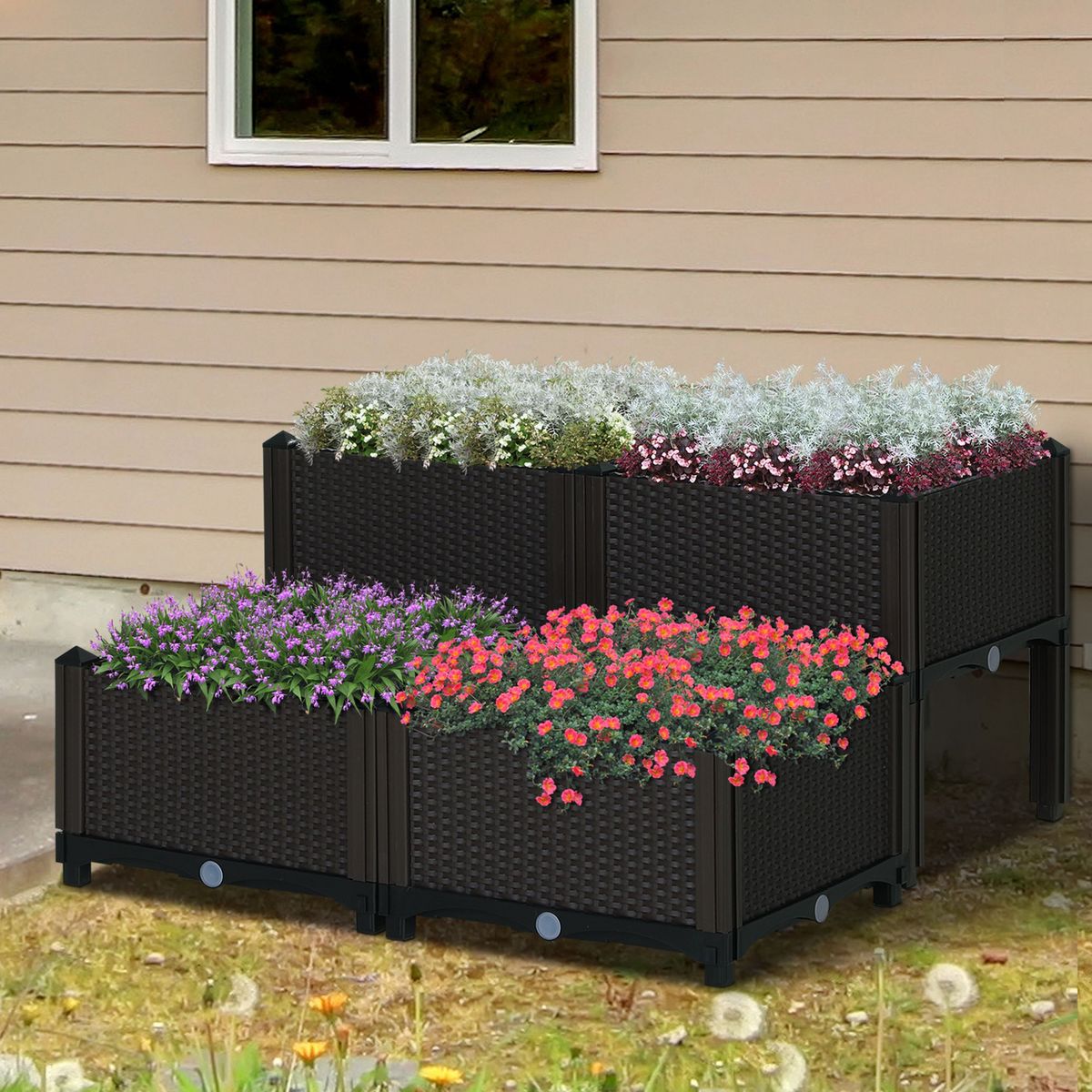 OUTSUNNY Jardinière sur pieds carré potager 2 étages dim. 80L x 80l x 44H cm insert d'irrigation plastique imitation rotin tressé chocolat