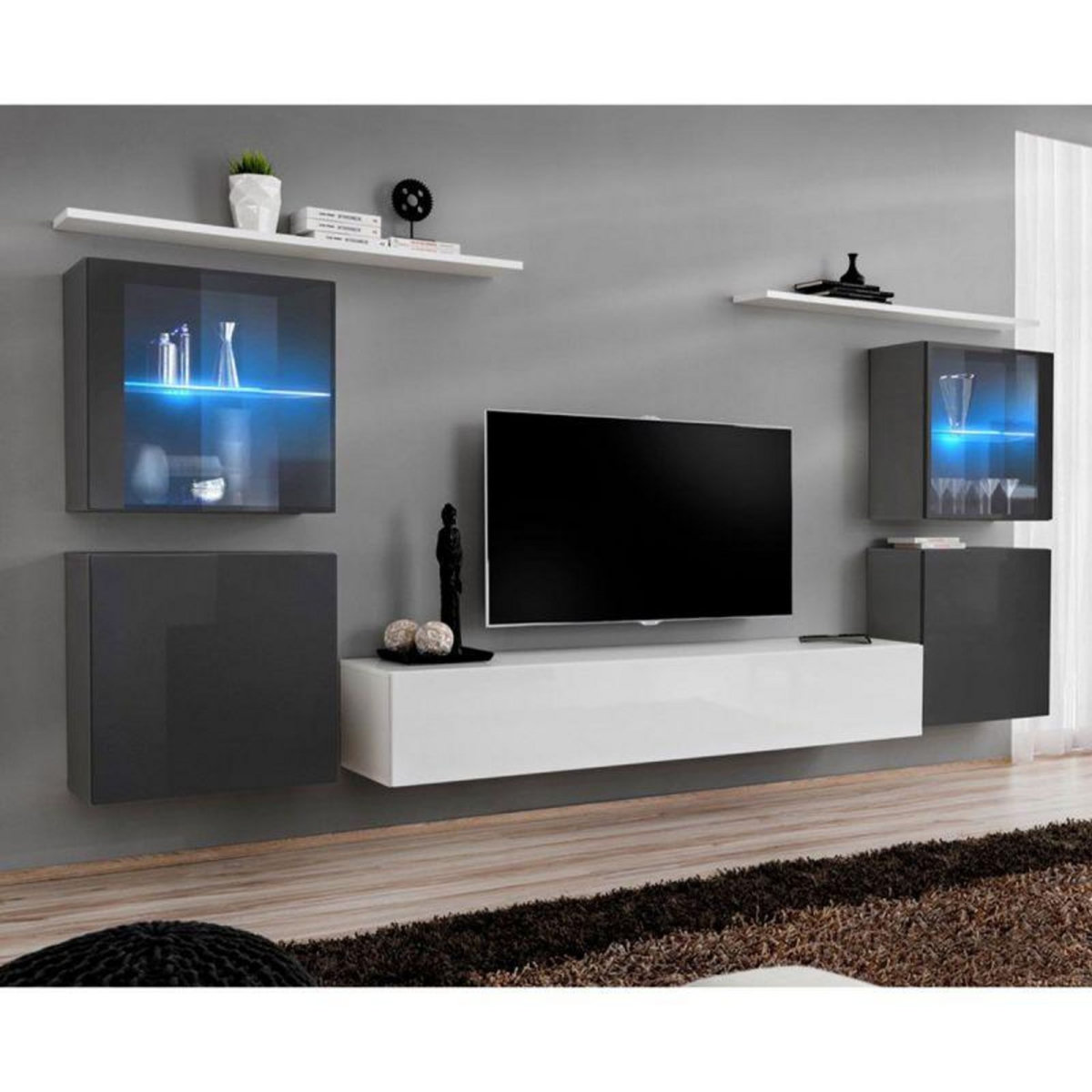 Paris Prix Meuble TV Mural Design  Switch XIV  320cm Gris & Blanc