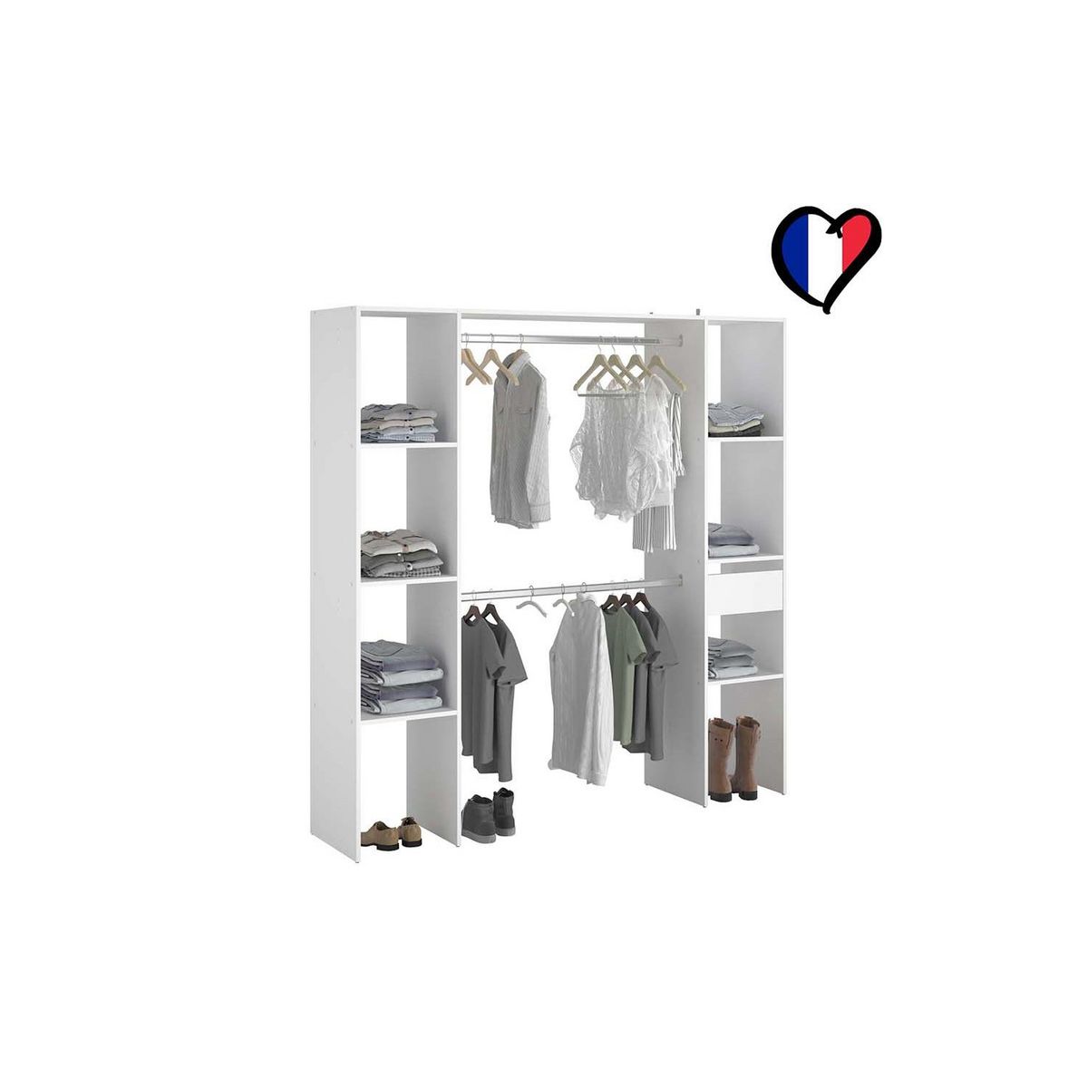 CONCEPT USINE Dressing blanc 6 étagères, 1 tiroir, 2 penderies 180 x 40 x 180 cm ELYSEE