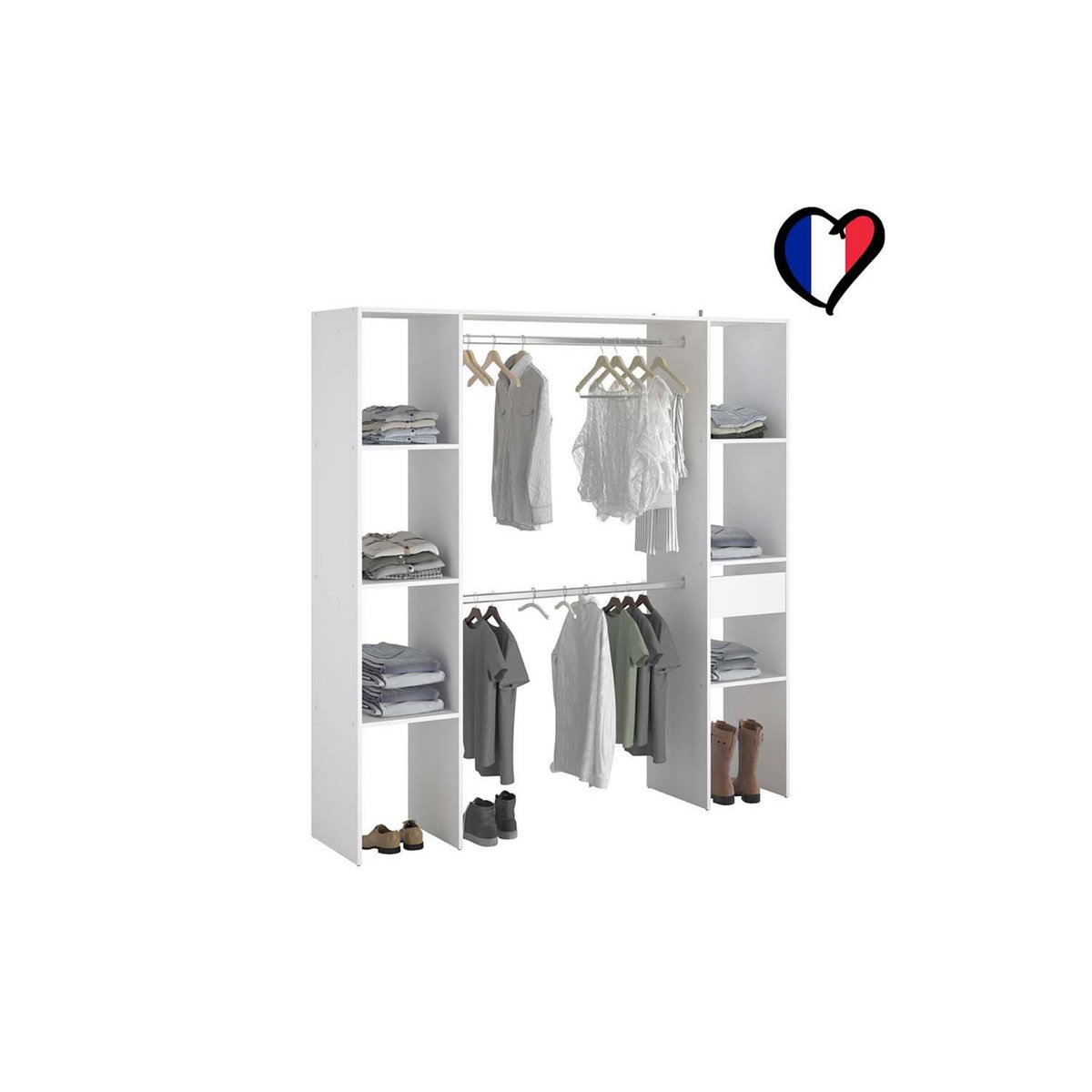 CONCEPT USINE Dressing blanc 6 étagères, 1 tiroir, 2 penderies 180 x 40 x 180 cm ELYSEE