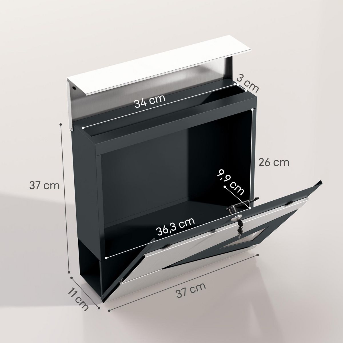 HOMCOM Boîte aux lettres murale design verrouillable - fenêtre - kit visserie inclus -  acier galvanisé inox