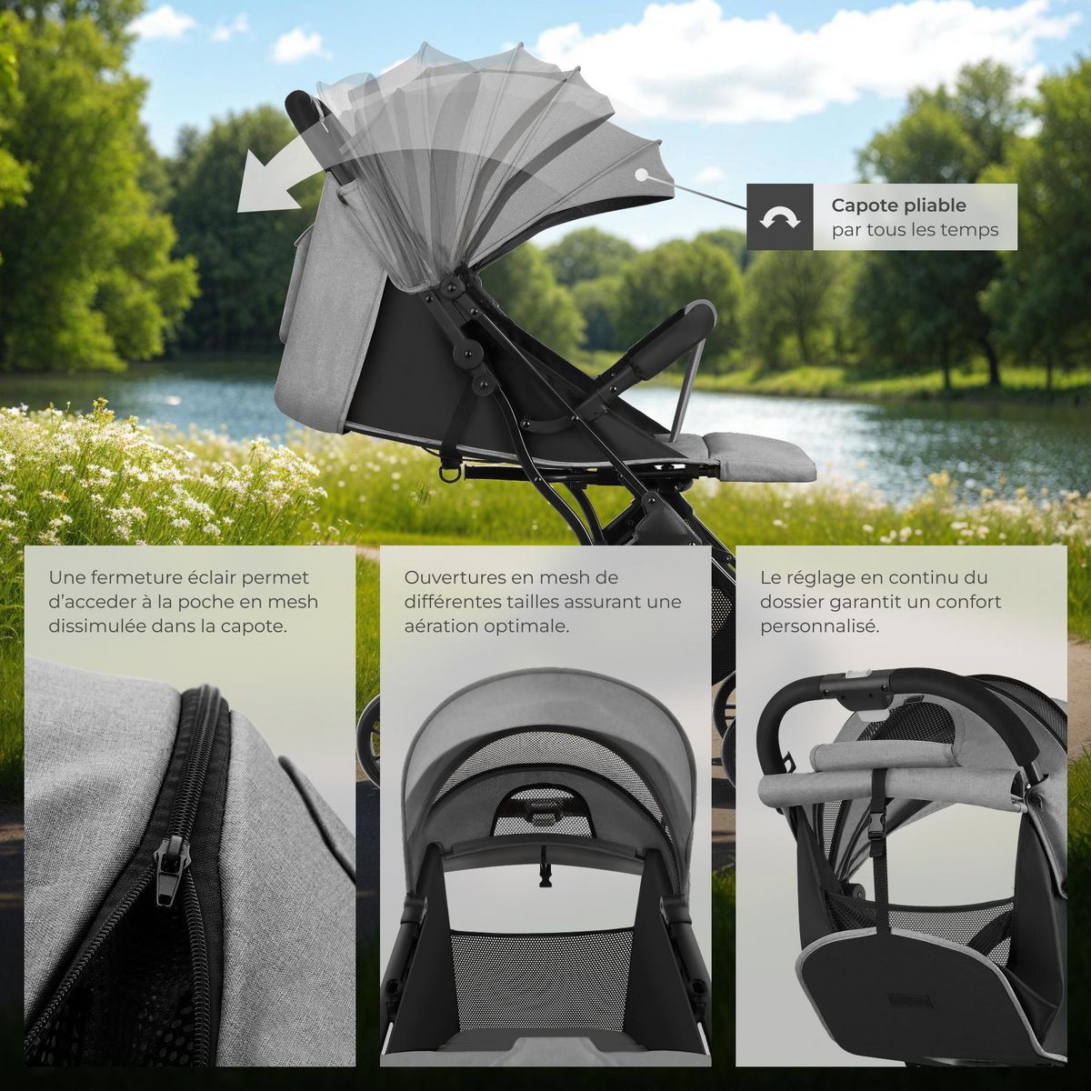 tectake Poussette buggy pliage à une main avec harnais à 5 points, frein de stationnement et arceau de sécurité gris