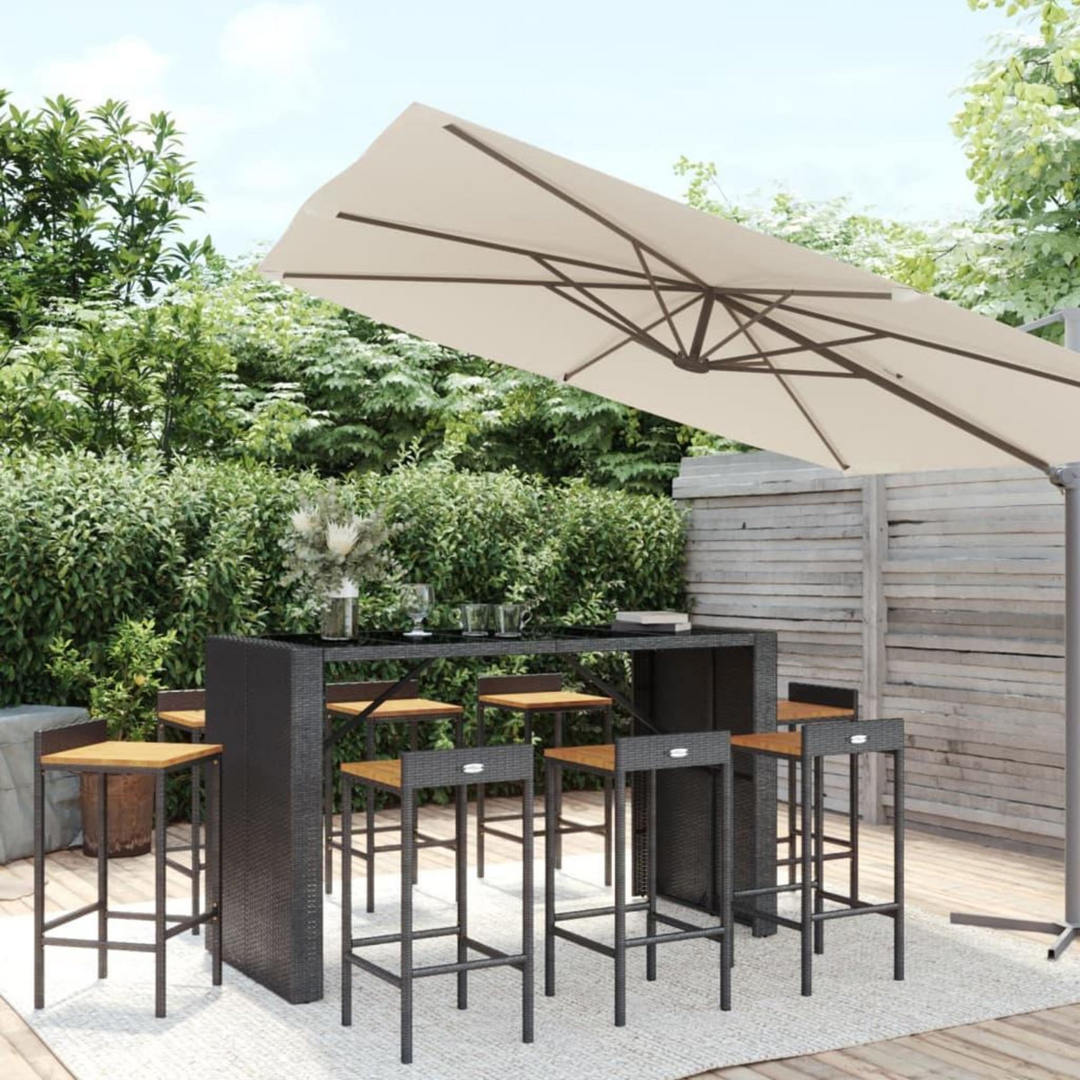 VIDAXL Ensemble de bar jardin 9 pcs noir poly rotin/bois massif acacia