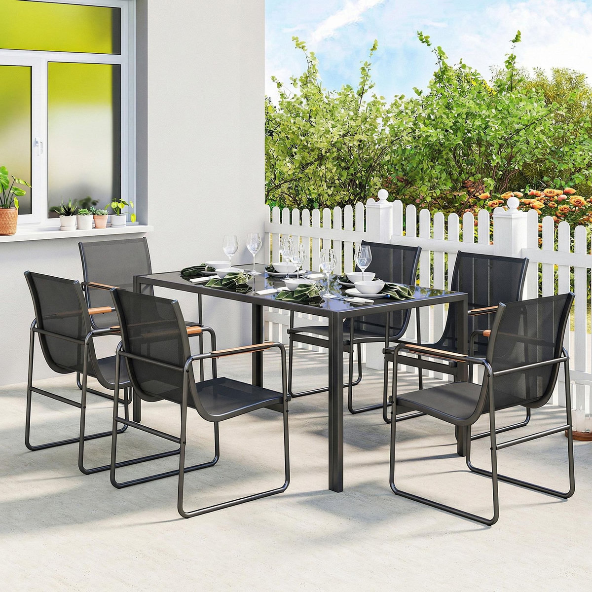 OUTSUNNY Salon de jardin 6 personnes 7 pièces acier verre noir