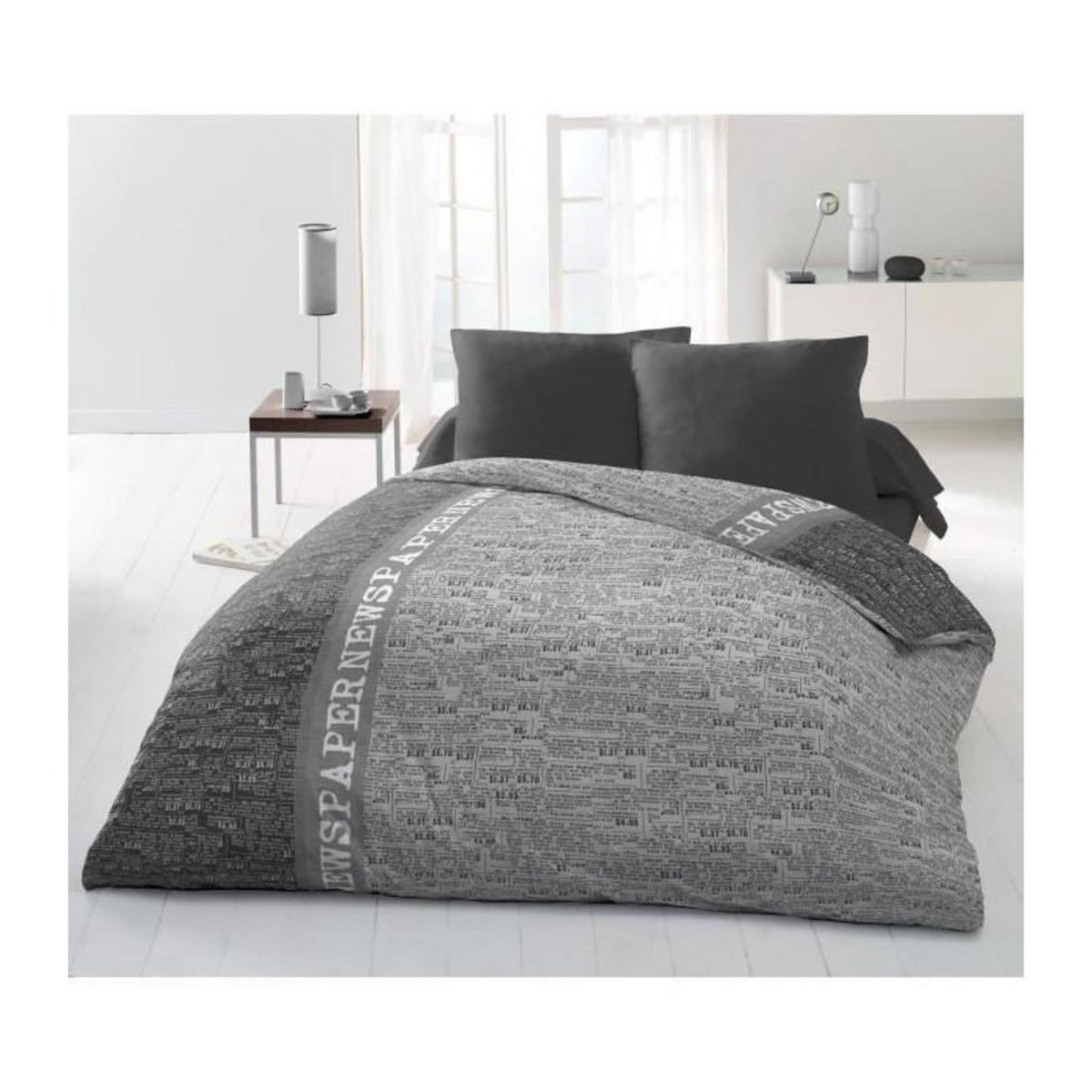 GENERIQUE Parure de couette Microfibre NEWSPAPER - 1 housse de couette 220x240 cm + 2 taies 63x63 cm - Gris