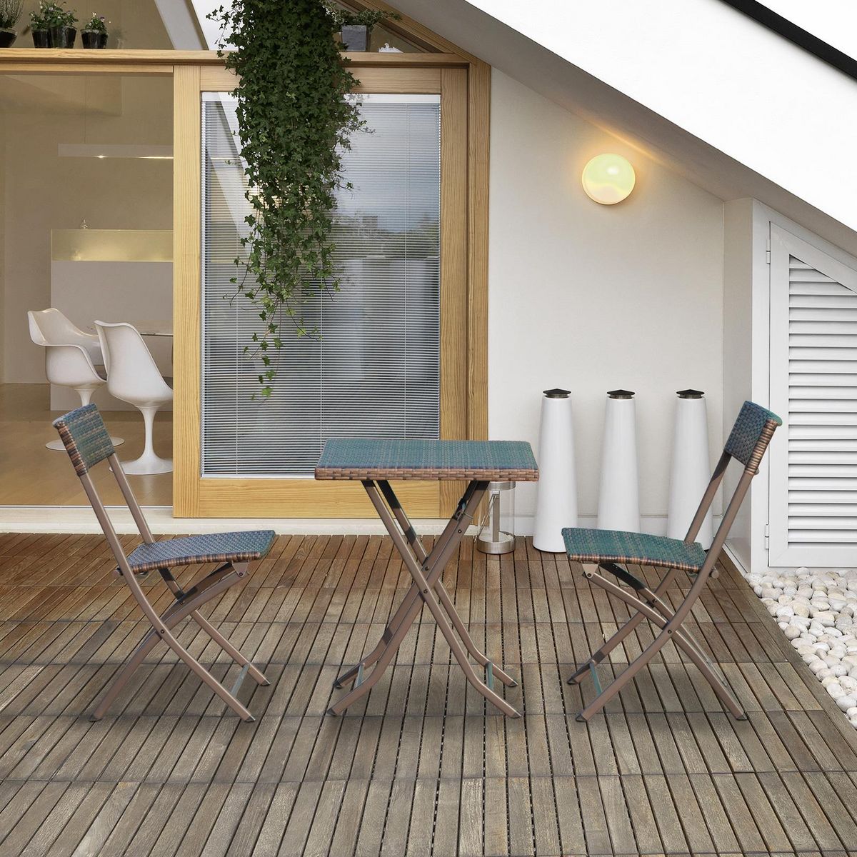 OUTSUNNY Ensemble meubles de jardin design table carré et chaises pliables résine tressée imitation rotin marron