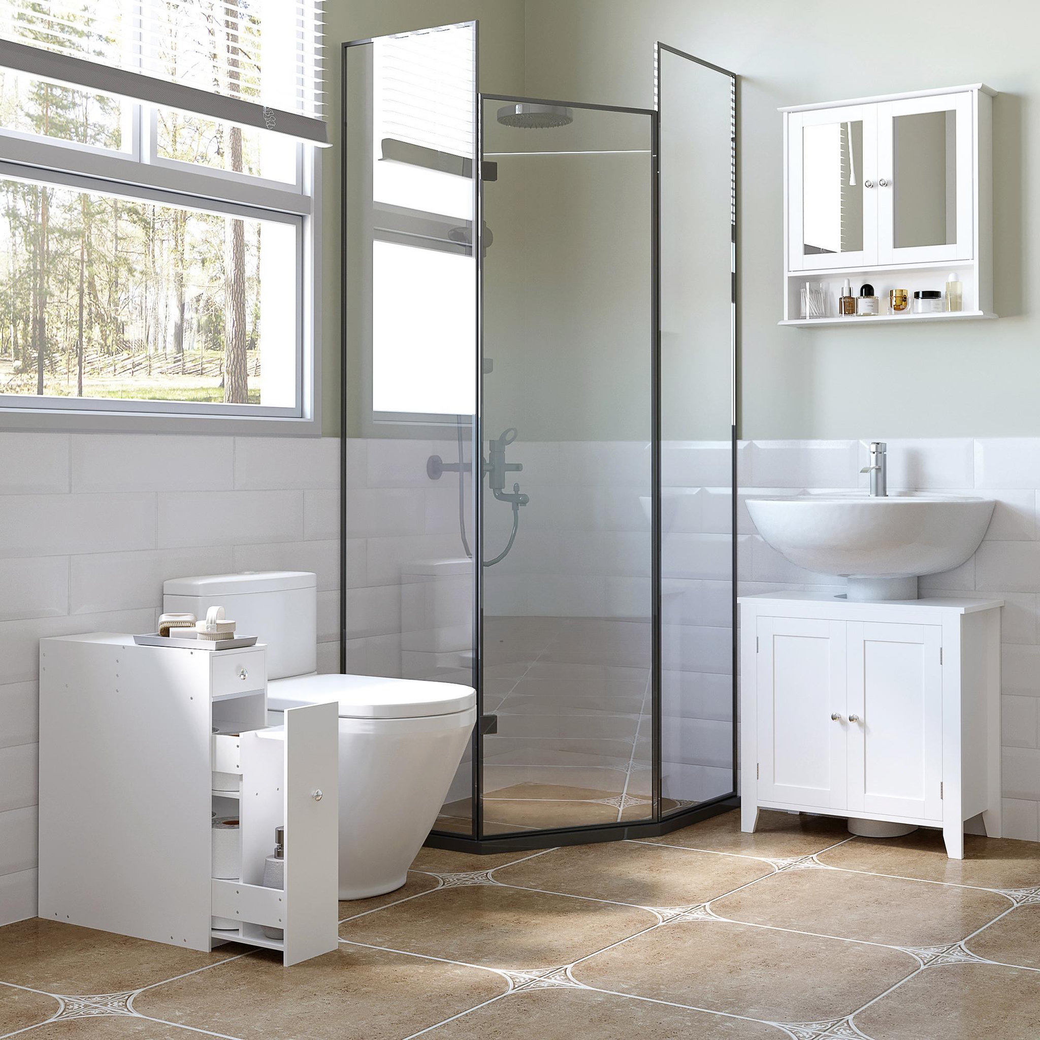 Voir la diapositive 4 : HOMCOM Support papier toilette - porte-papier toilette - armoire pour papier toilette - 2 tiroirs, coffre - mdf blanc