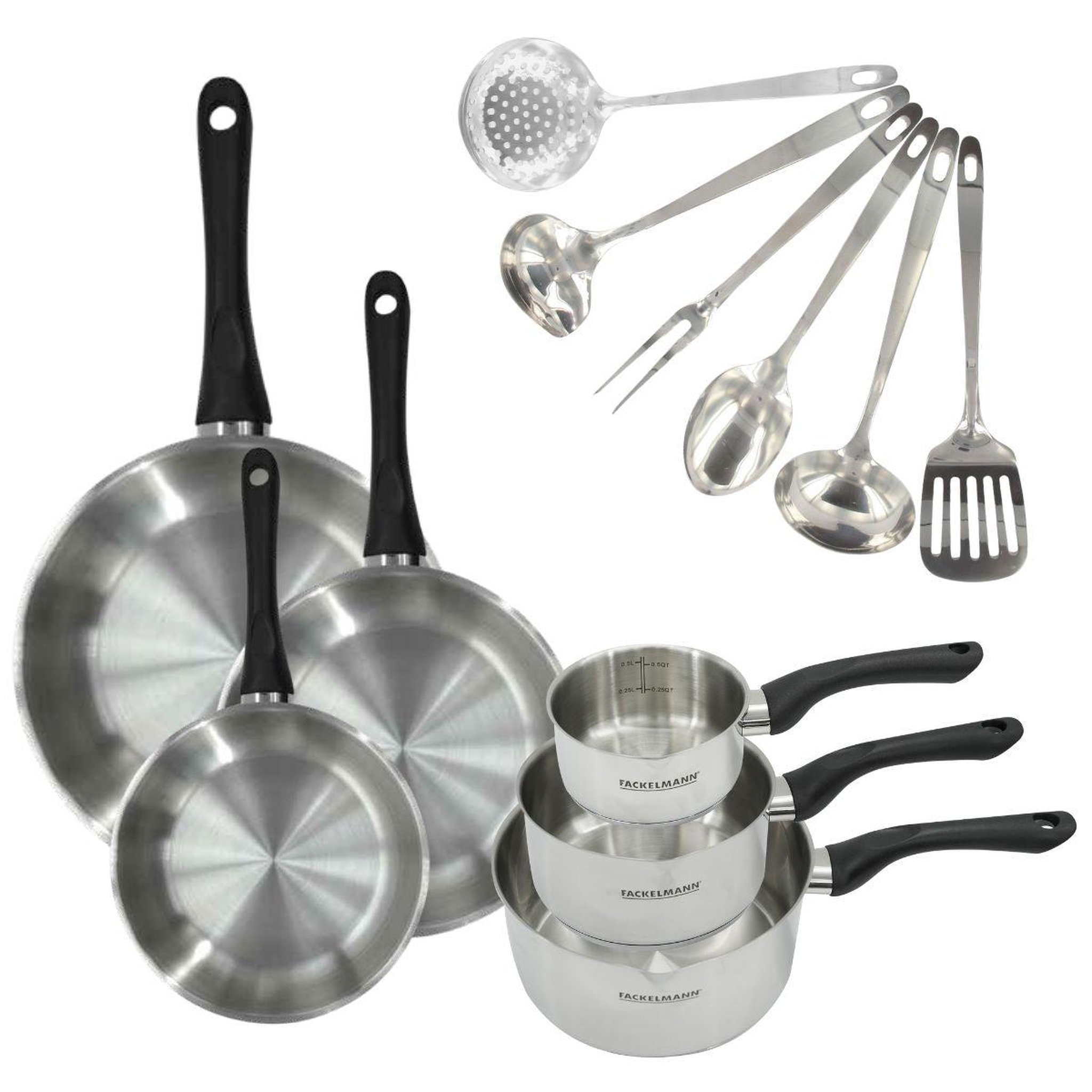 Fackelmann Set 3 poêles 20 24 et 28 cm, 3 casseroles en inox et 6 ustensiles inox fackelmann geneva