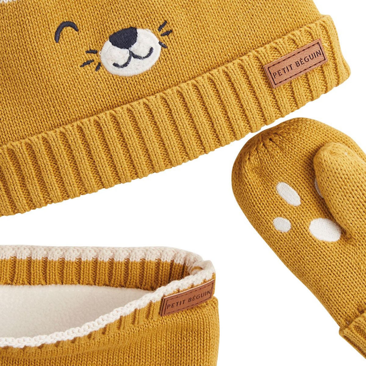 Petit Béguin Ensemble bonnet, moufles et cache-cou enfant en tricot Charly