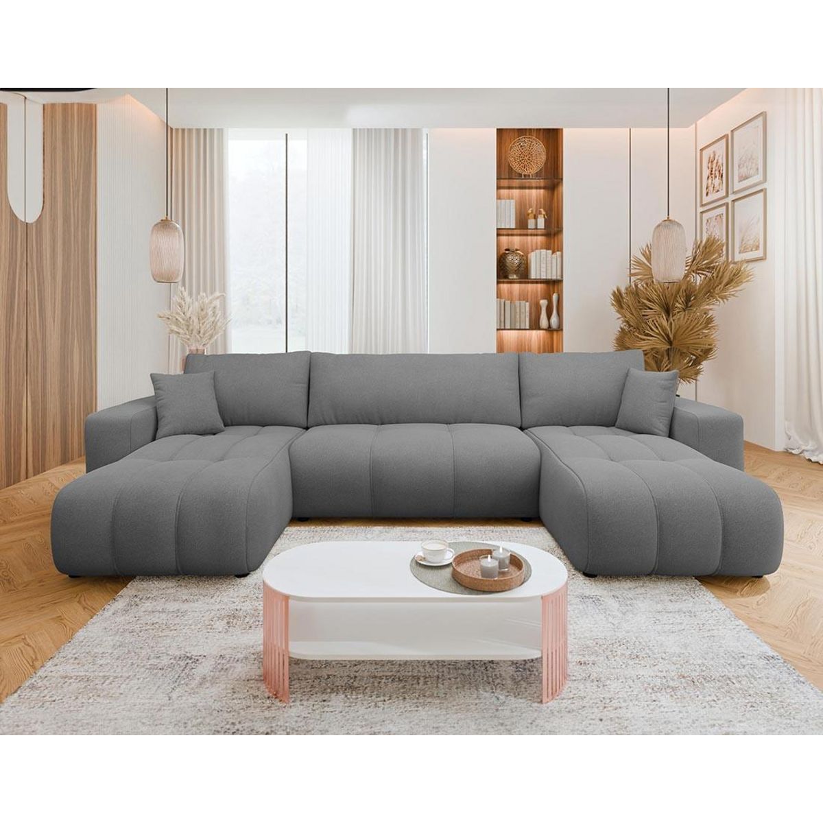 BEST MOBILIER Nicole - canapé panoramique en u 7 places convertible avec coffre en tissu