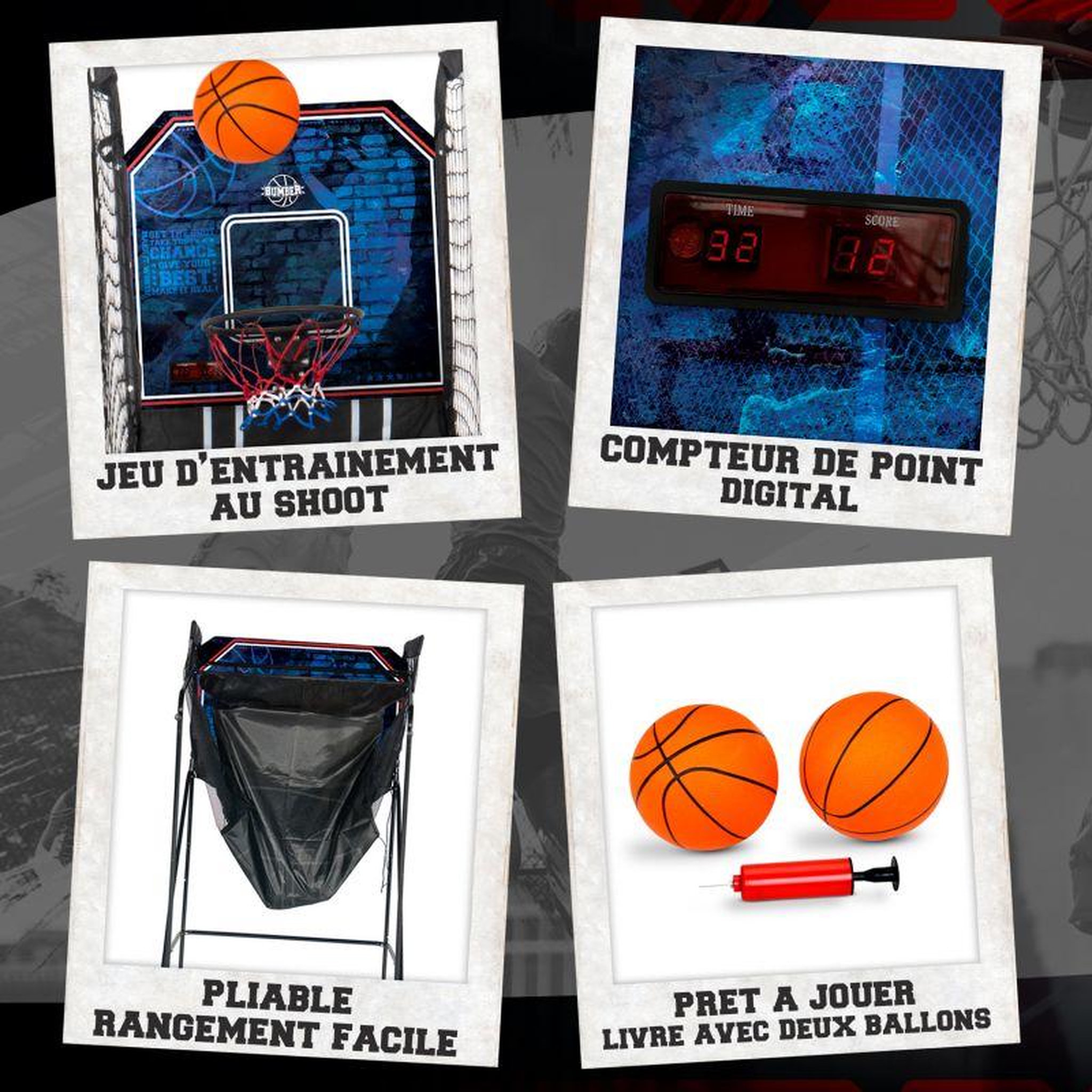 Voir la diapositive 3 : BUMBER Panier de basket pliable Monoshot SAN DIEGO avec Compteur de point électronique