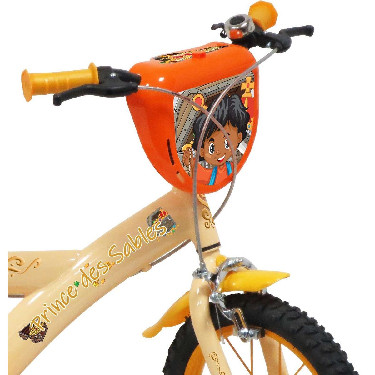 Vélo enfant - Modèle14'' Prince des sables pour enfant de 95/110 cm avec stabilisateurs - Plaque décorative avant - Porte bidon - 2 freins