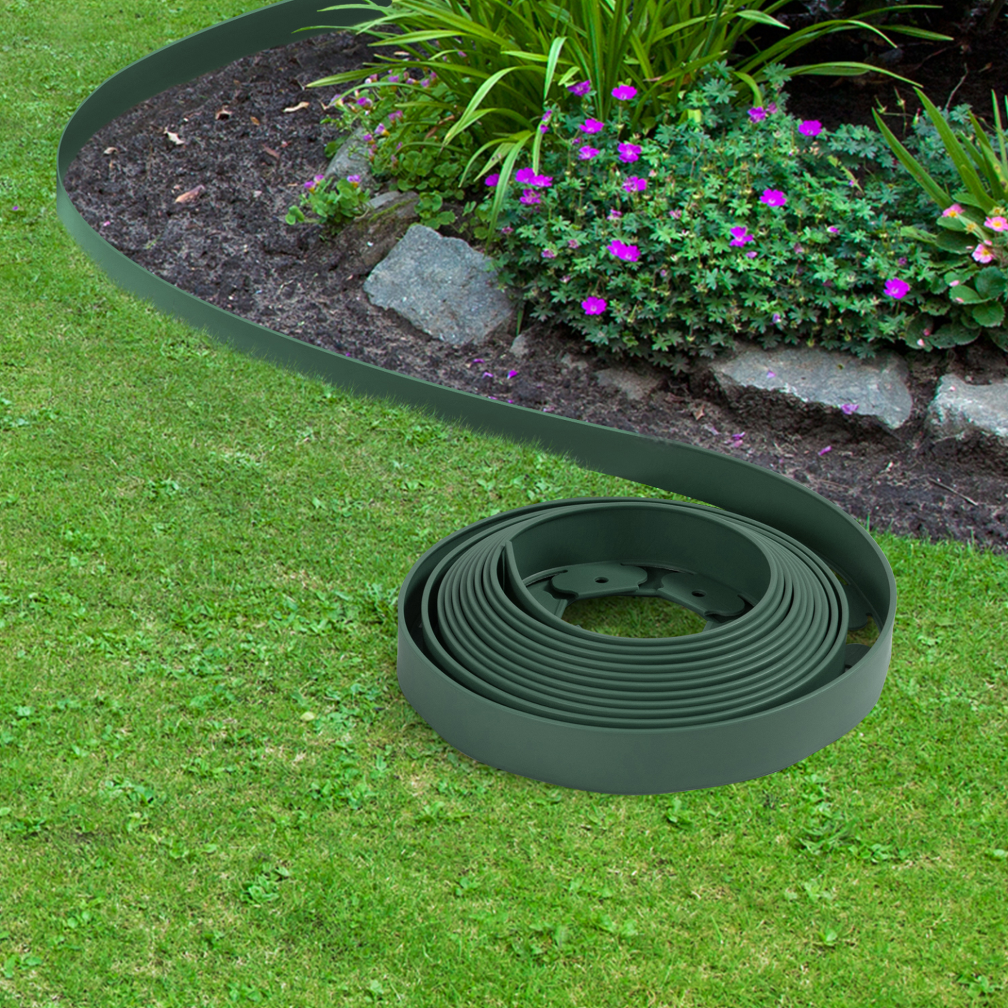 Voir la diapositive 2 : ID MARKET Bordurette de jardin flexible 10 m verte hauteur 5 cm + 30 piquets
