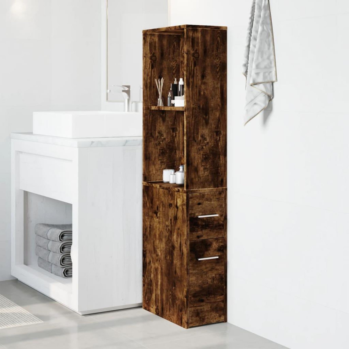 VIDAXL Armoire de salle de bain etroite avec roulettes chene fume