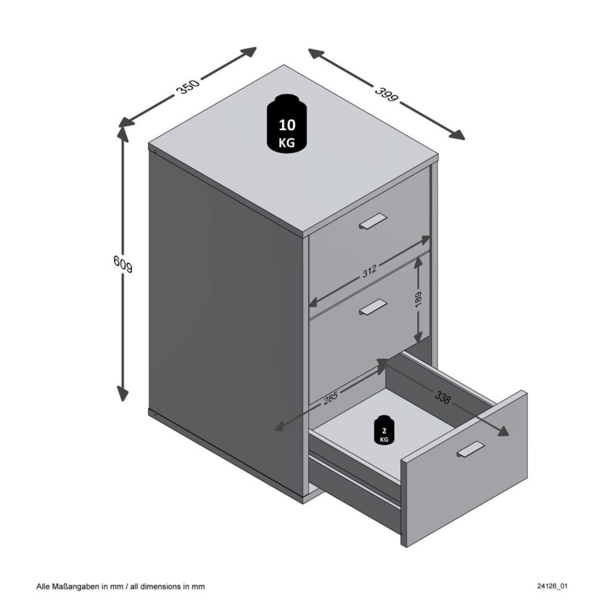 Paris Prix Table d'Appoint 3 Tiroirs Design  Gania  62cm Blanc Laqué