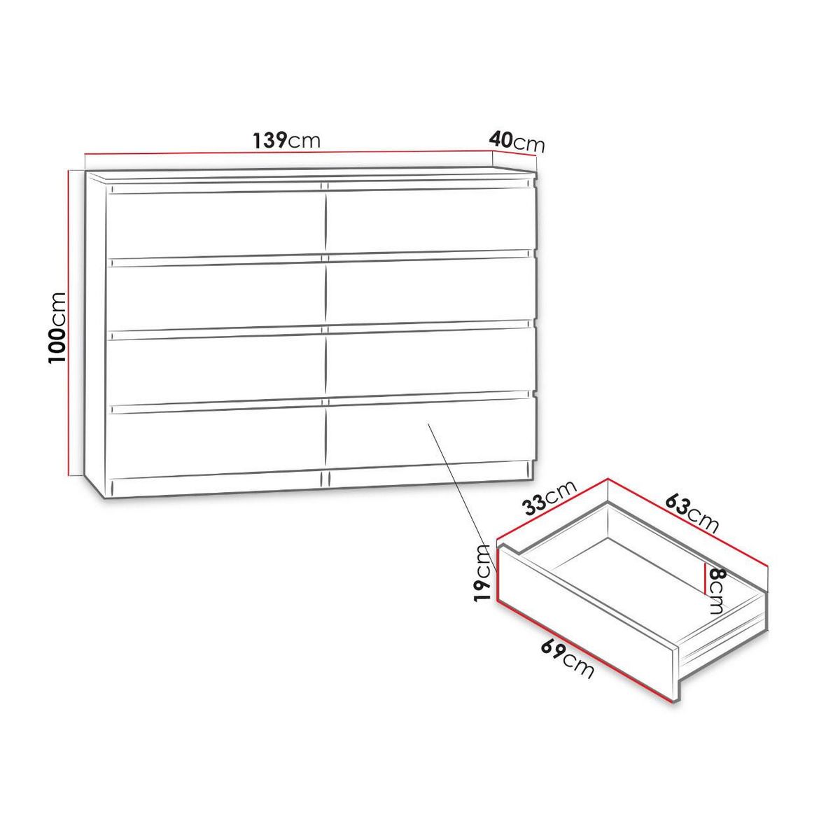 BEST MOBILIER Celia - commode 8 tiroirs - effet bois - 139 cm - style contemporain