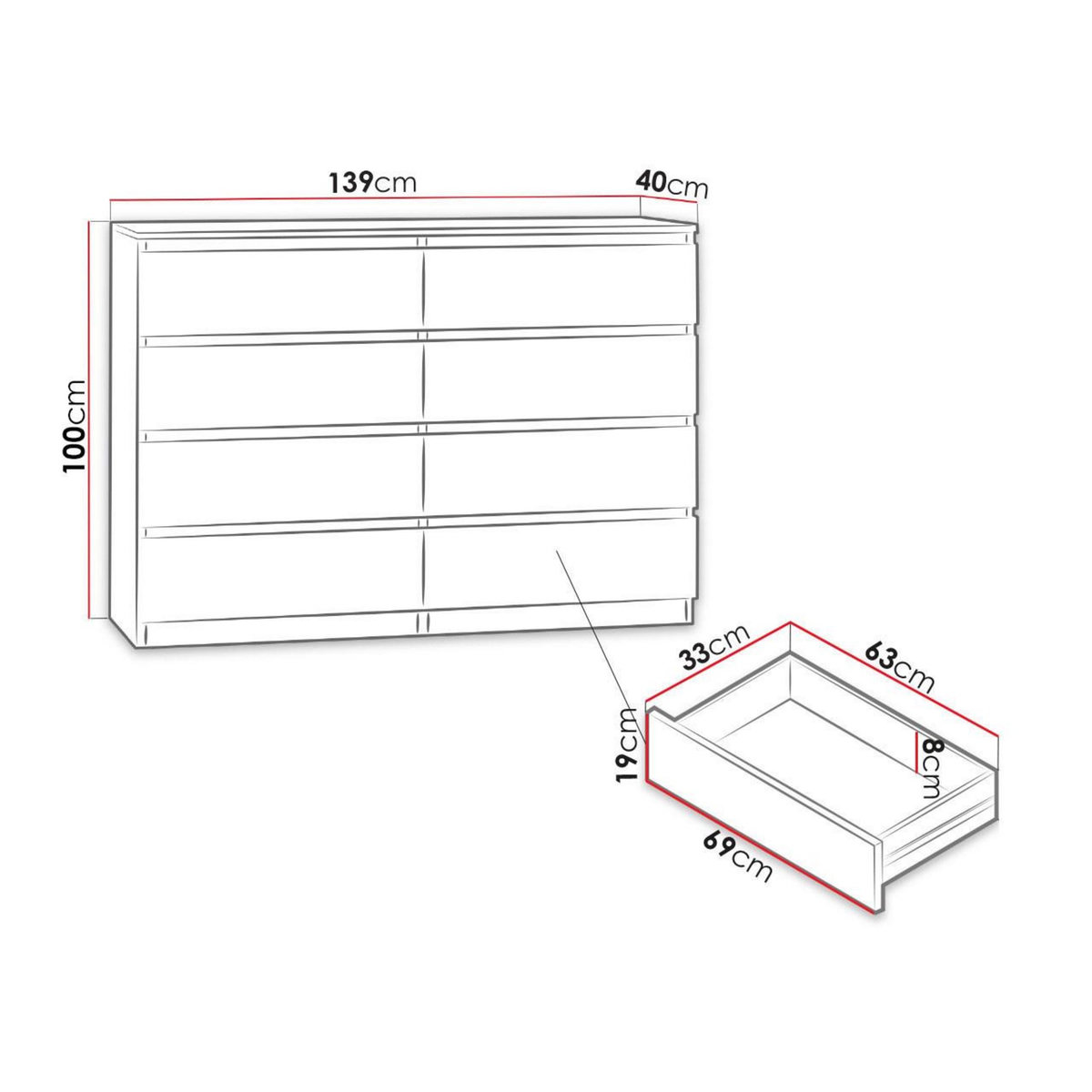BEST MOBILIER Celia - commode 8 tiroirs - effet bois - 139 cm - style contemporain