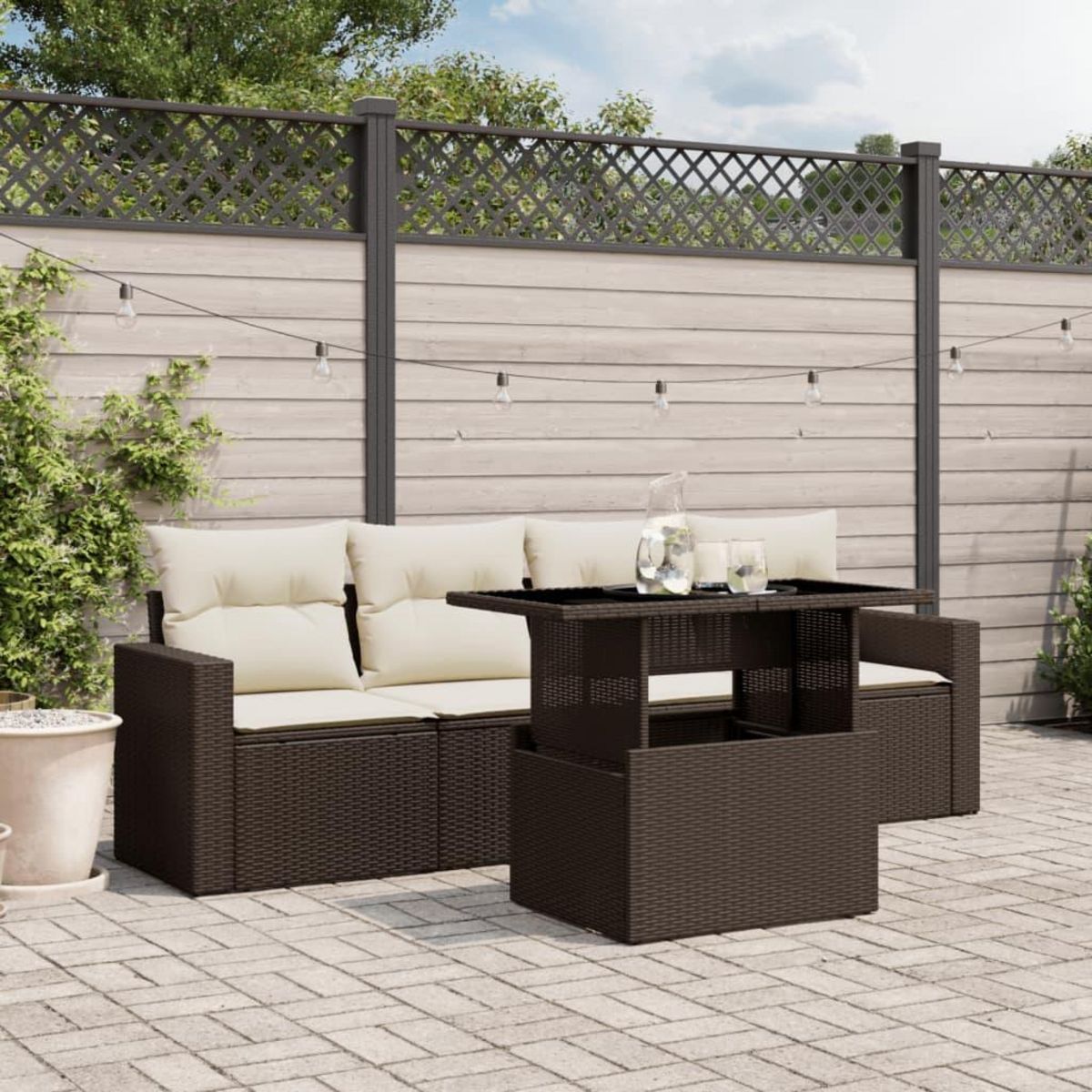 VIDAXL Salon de jardin avec coussins 5 pcs marron resine tressee
