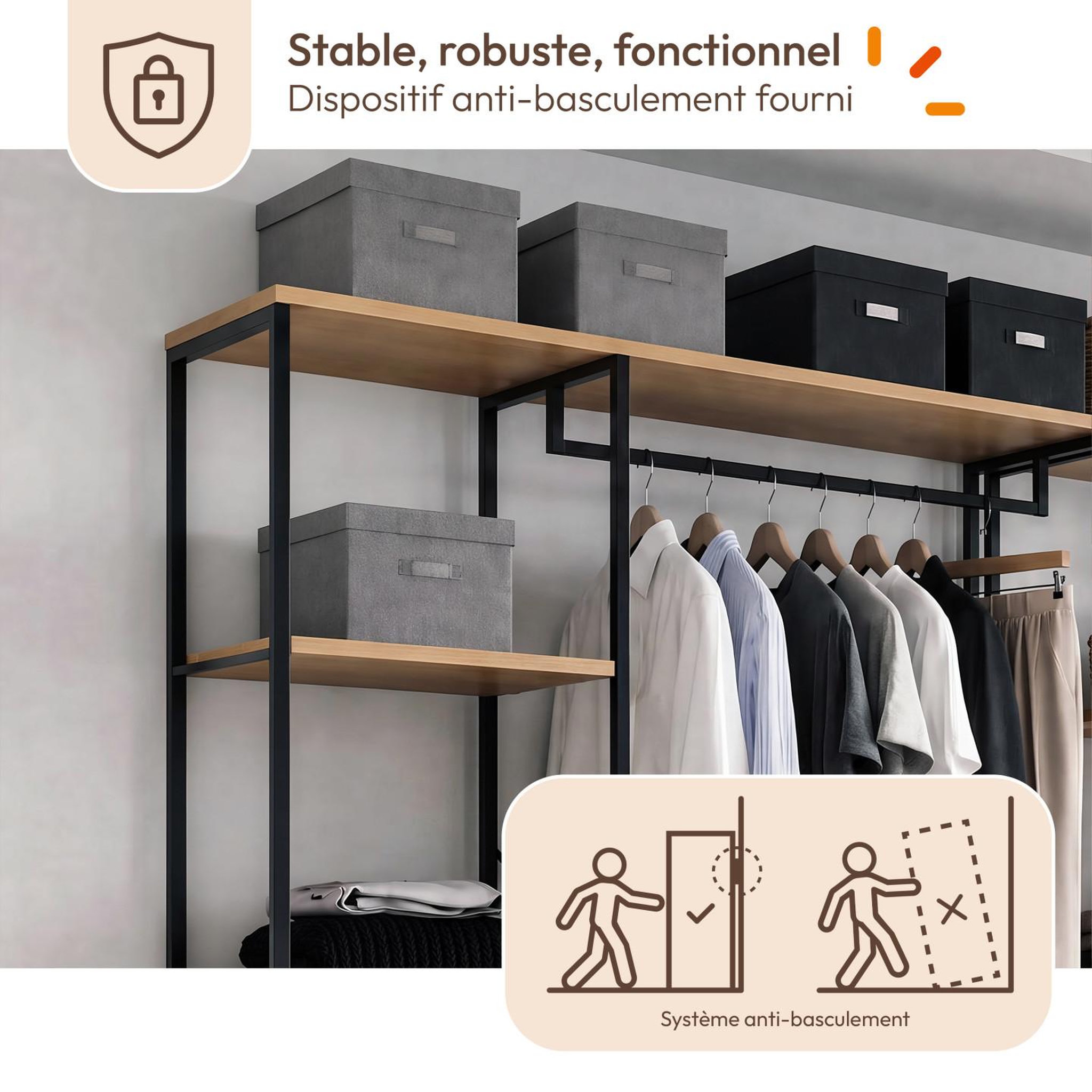 Voir la diapositive 6 : ID MARKET Dressing modulable double penderie étagère l. 180 cm detroit design industriel