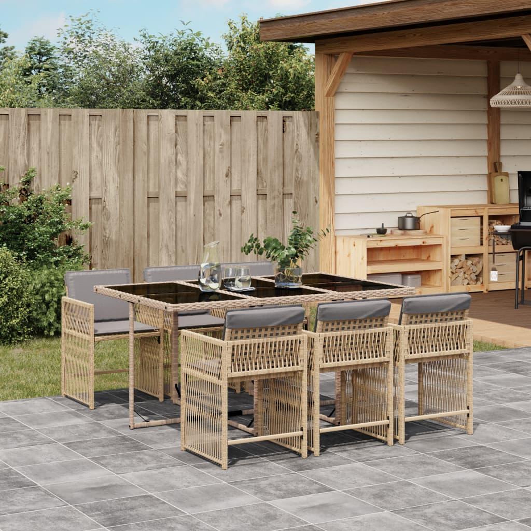 VIDAXL Ensemble a manger de jardin coussins 7 pcs melange beige rotin