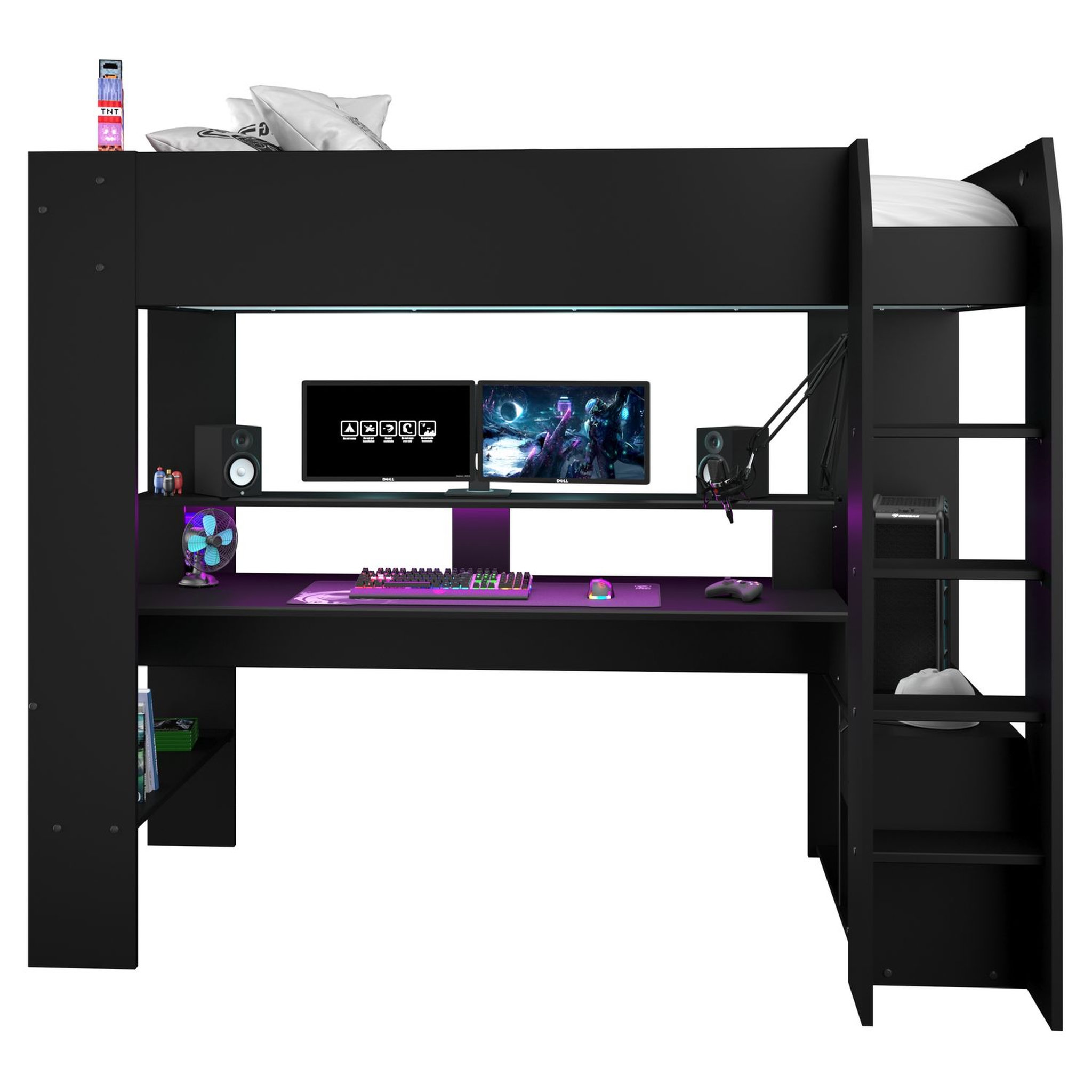 Voir la diapositive 4 : Lit mezzanine gaming à LED 90x200 cm avec bureau et rangement CONNECT