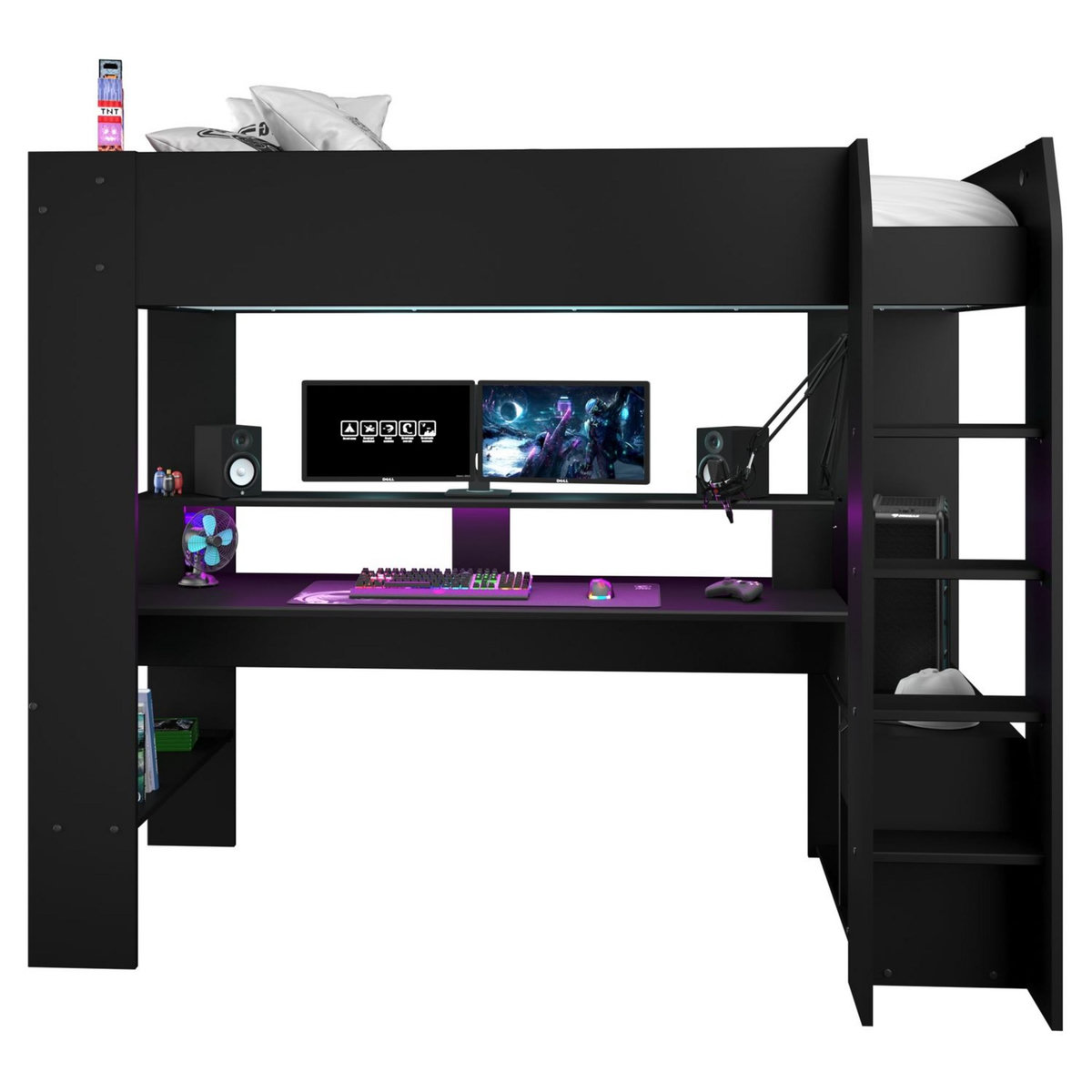 Lit mezzanine gaming à LED 90x200 cm avec bureau et rangement CONNECT