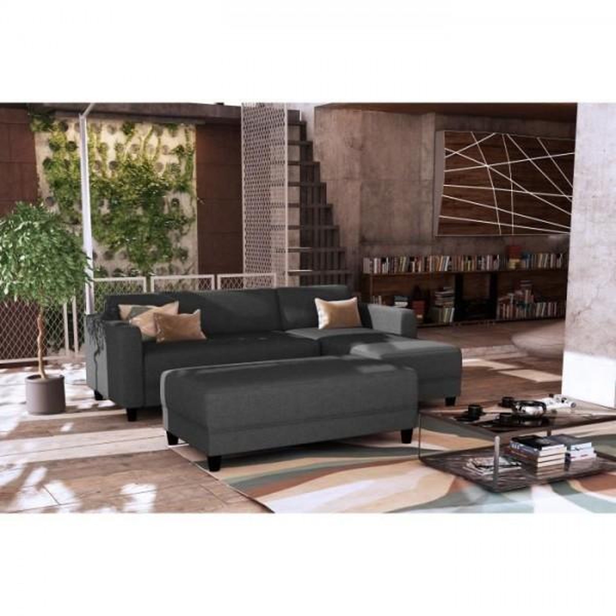 Voir la diapositive 2 : MARKET24 Canapé d'angle fixe 3 places BOB - Tissu Anthracite - Banc - L 197 x P 138 x H 65 cm