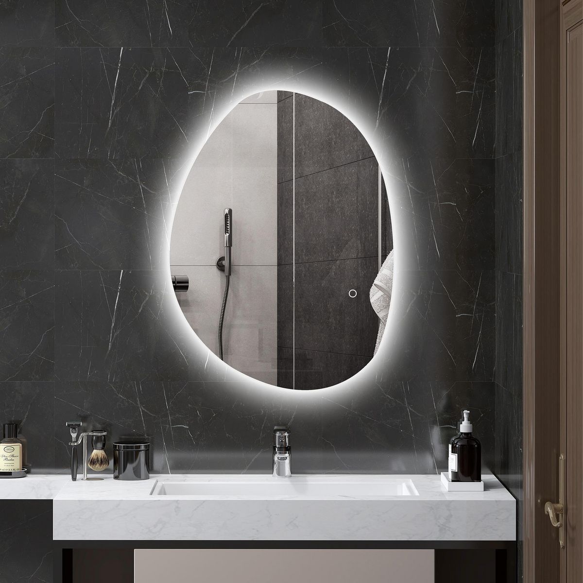 HOMCOM Miroir salle de bain design avec éclairage LED - miroir asymétrique 70 x 50 cm - tactile, réglable, anti-buée - verre trempé