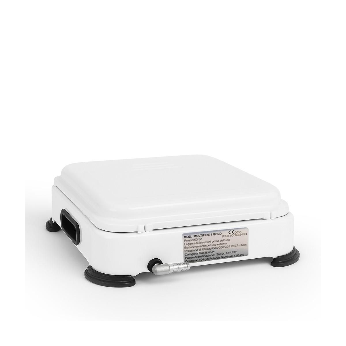 INTEC Réchaud à gaz 1 feu 1500W Brûleur fonte amovible Lavable Gaz butane ou propane Blanc laqué Grille Couvercle GOLD