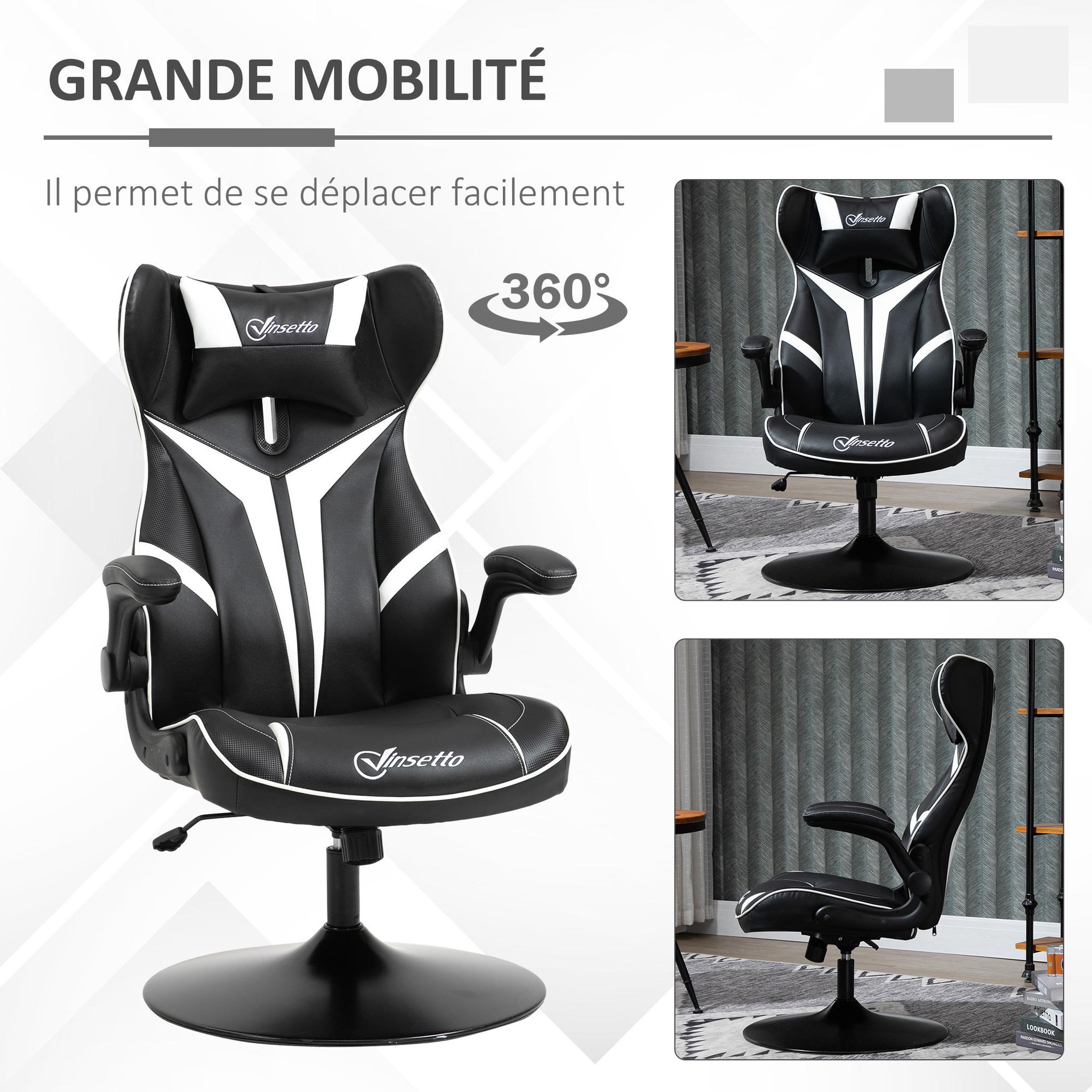 Voir la diapositive 6 : VINSETTO Fauteuil gaming base ronde métal pivotante 360° hauteur réglable tétière accoudoirs relevables PVC blanc noir