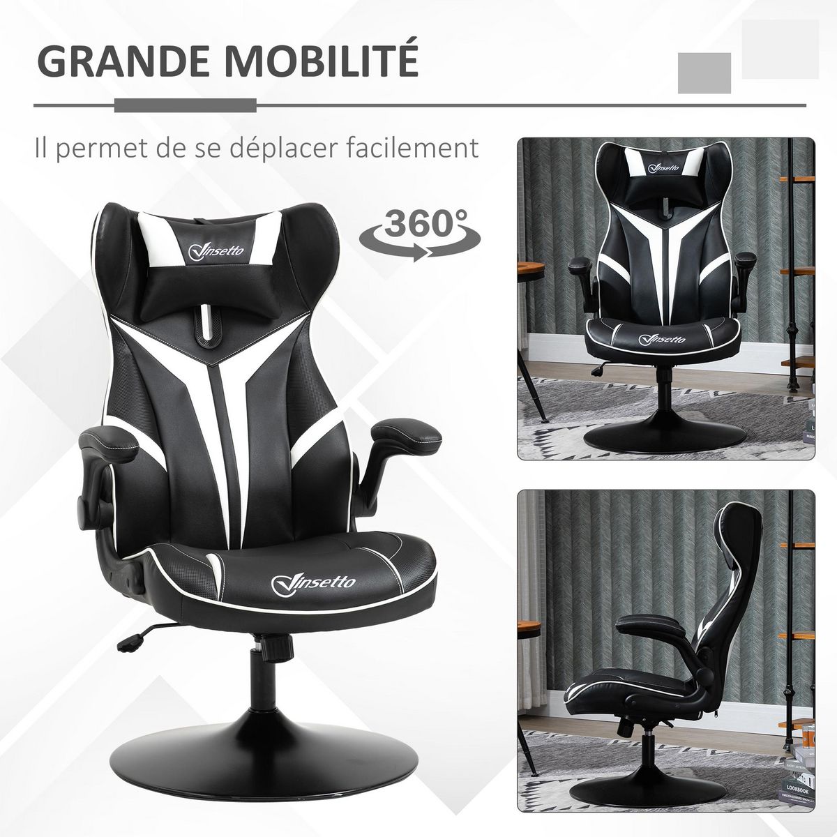 VINSETTO Fauteuil gaming base ronde métal pivotante 360° hauteur réglable tétière accoudoirs relevables PVC blanc noir
