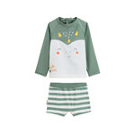 Petit Béguin Maillot de bain bébé 2 pièces t-shirt de protection UV et boxer Hello Dino. Coloris disponibles : Vert