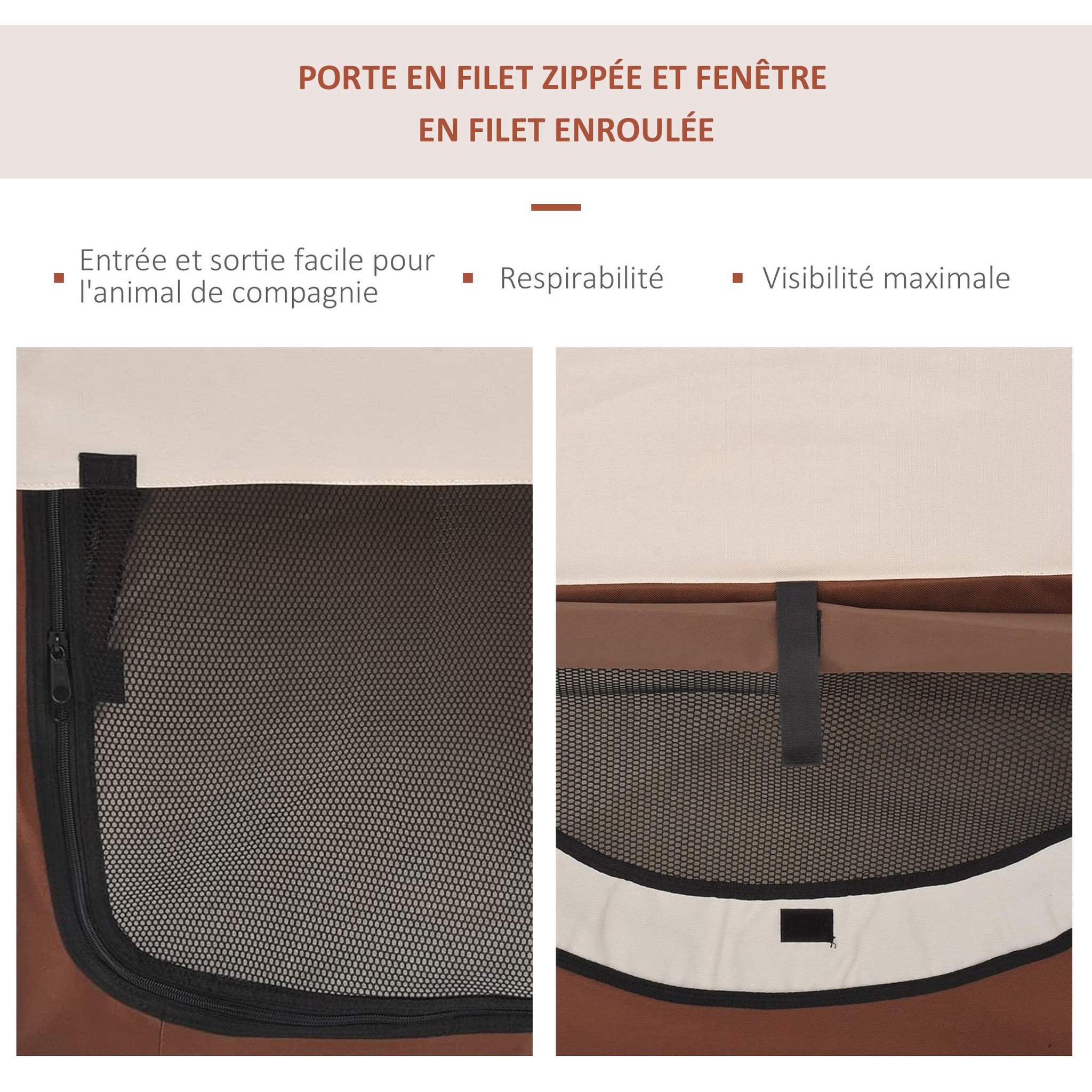 Voir la diapositive 5 : PAWHUT Sac de transport pour chien et chat pliable - poignée, entrée zippée, fenêtres maillées enroulables- coussin inclus - acier oxford marron beige
